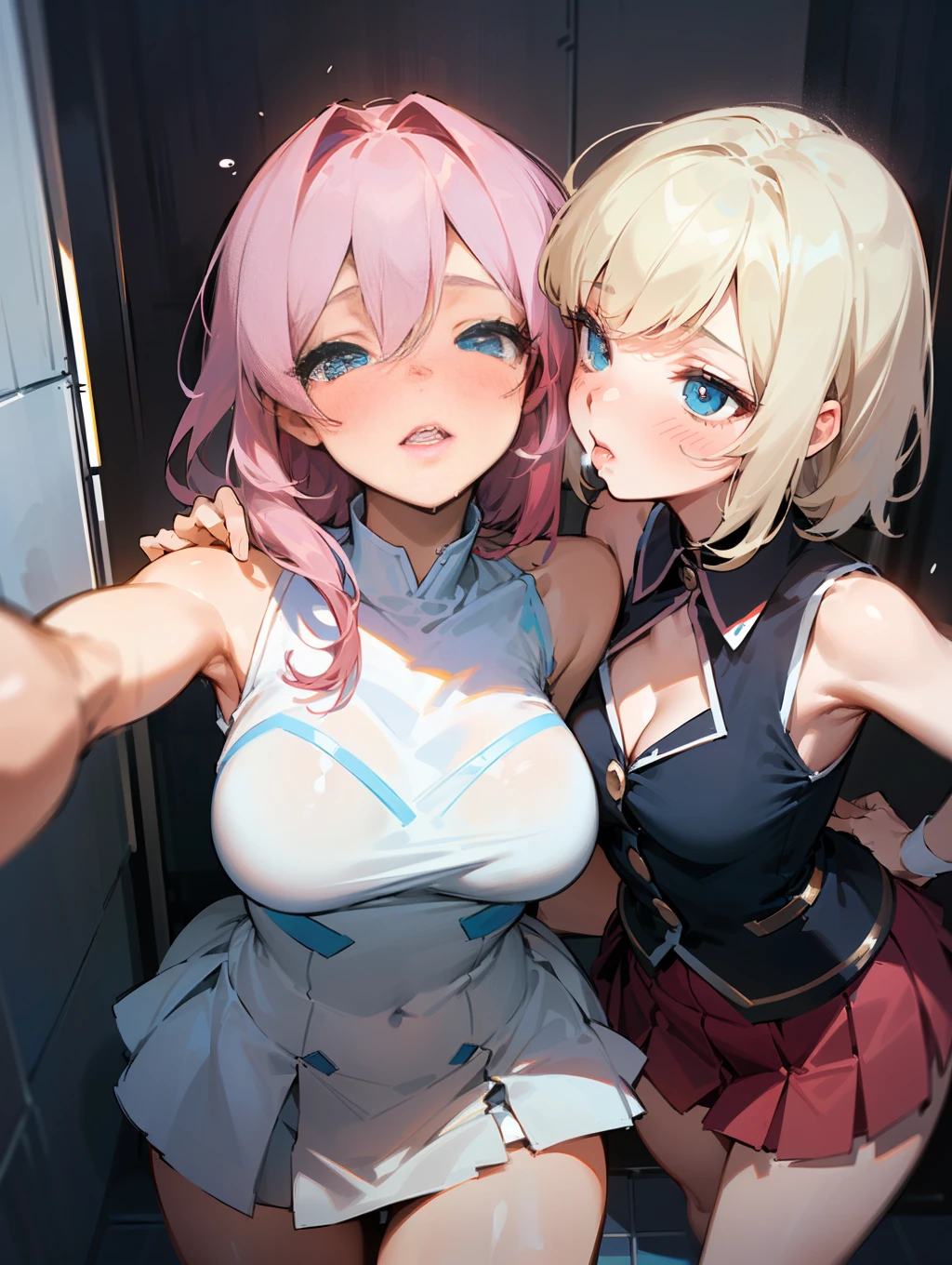 master-piece,hyper quality,hyper detailed,perfect drawing,hi-res, two beautiful girls, cheerleader, sleeveless shirt, ((flips up the miniskirt)), ((ruffled undercoat is fully visible)), pom-pom, lovers, staring at each other head-on, (((((French Kiss))) hugging each other's breasts as if pressing, staring at each other, moist eyes, half-open lips, beautiful, blush (0.2), sensual, seduction, ecstasy, indulgence, bust up, forward light, , shot from the front obliquely below, precise drawing, detailed drawing, accurate human structure, toilet cubicle, beautiful background