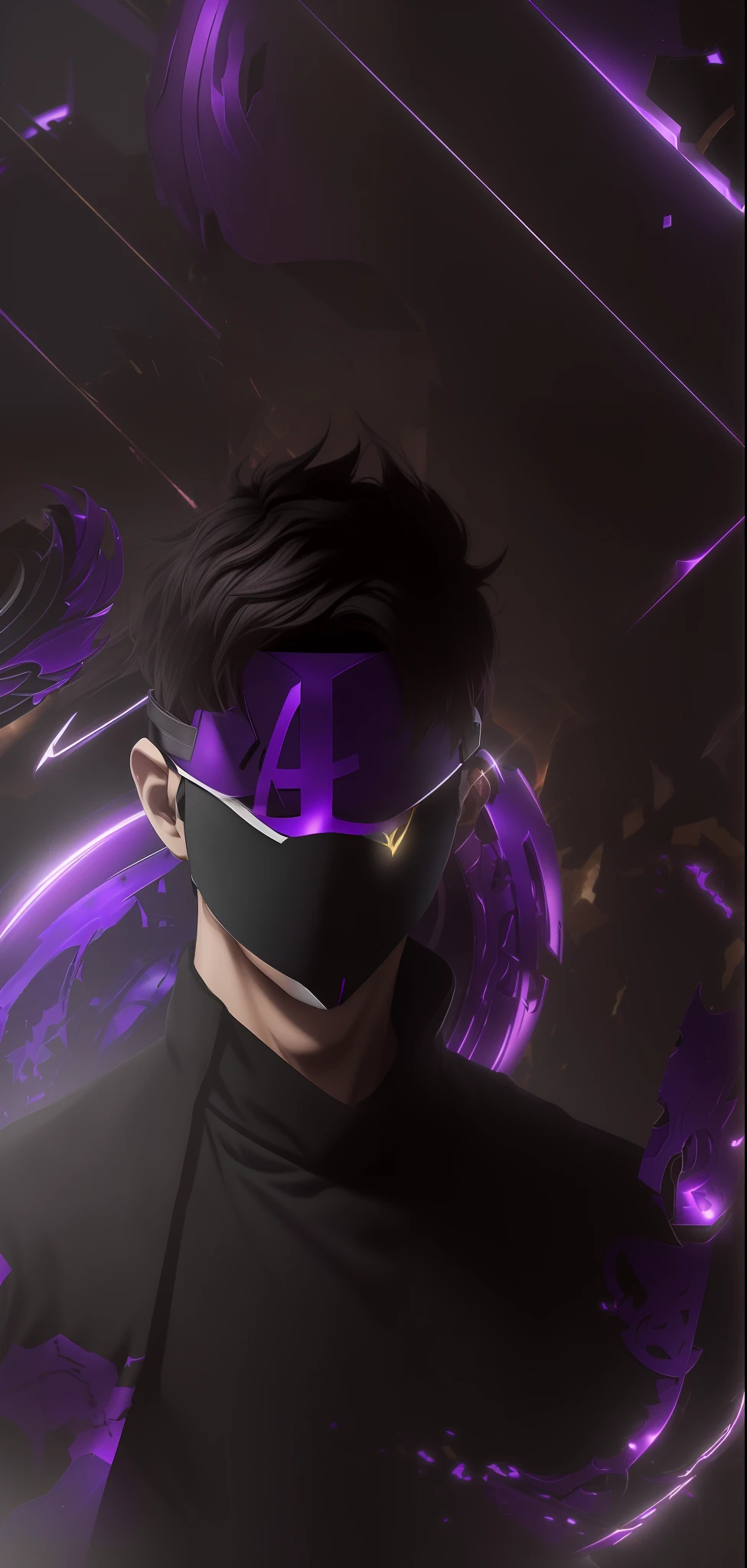 A young man with short black hair with a mask covering his entire face, on the mask there is a purple L, ( ( ( mask ) ), broken mask, vega mask, light face [[bronze]] [mask], unsharpened mask, unknown art style, anime style. 8k, broken visor, mask is broken, dark background, shadow world background, purple, purple L