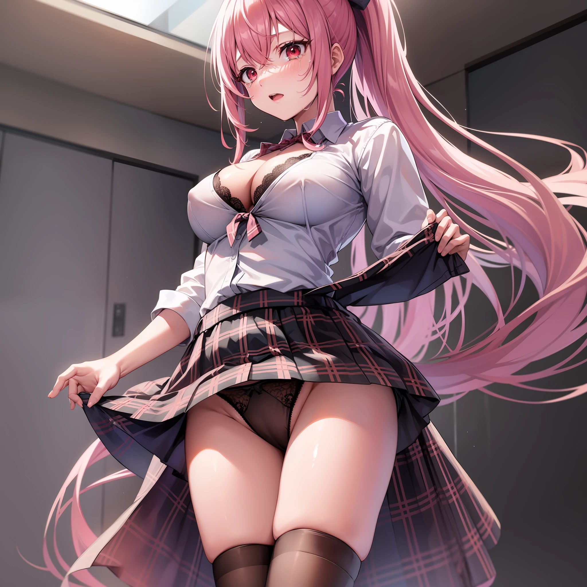 Masterpiece, Solo, Slender face, Long eyelashes, elongated, (High ponytail: 1.3), (Red eye: 1.3), (Pink hair White mesh: 1.2), Large cleavage, Slim, Angle from below, Uniform, tartan check skirt, Full body, Light blue lace light lingerie, , skirt lift, show-off panties, Lift yourself, cry, ,