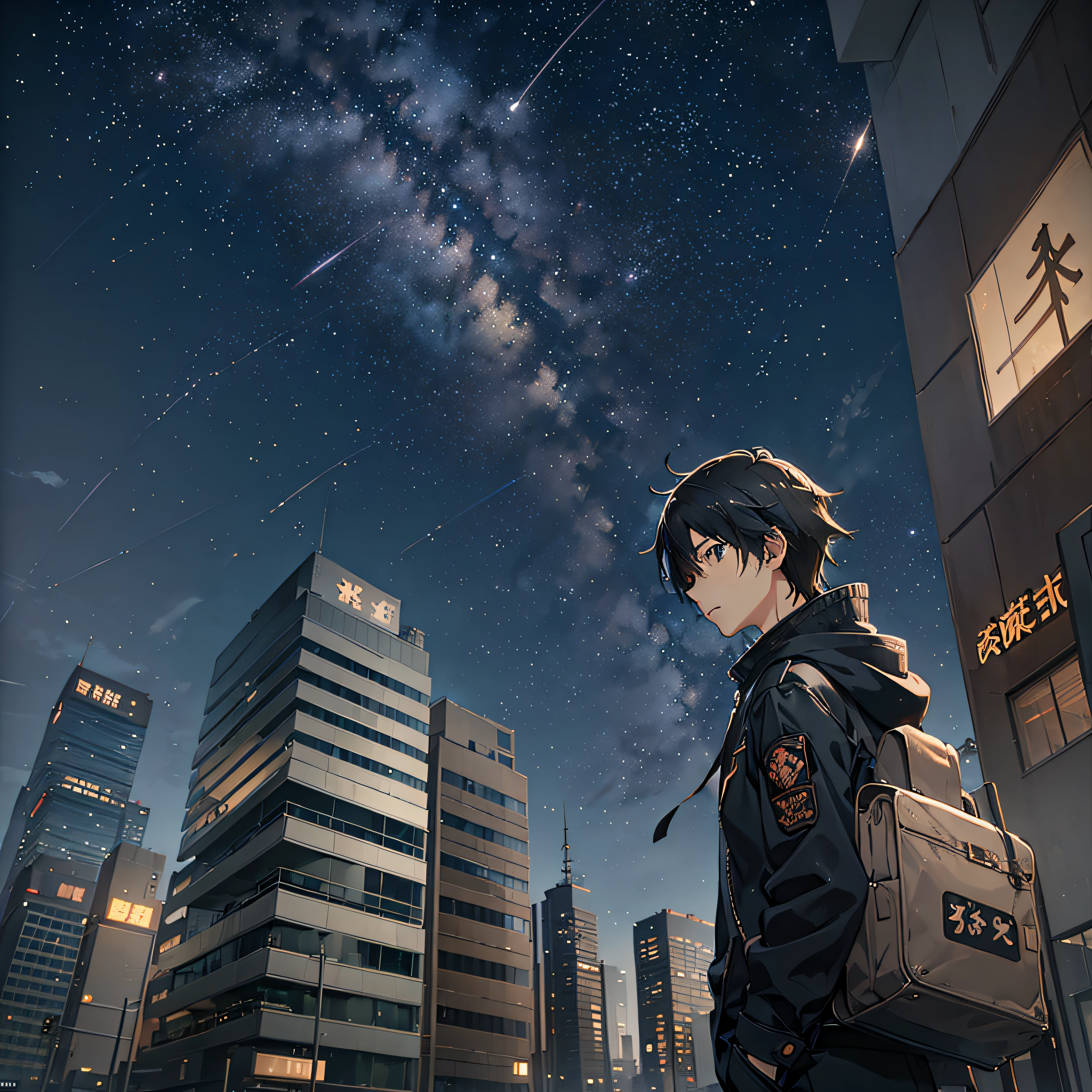 (((Makoto Shinkai style)),pixiv,anime drawing,high quality,pink purple sky,beautiful scene),(universe,passing train,magical realism,((makoto shinkai style)) ::0.8),[Atmosphere artistic, atmosphere:0.8, starry sky, hills, snowy mountain, sparkling water, grass, trees, smoke, stars, low angle of view, specular dispersion, a boy of 16 years old in a futuristic city, seen from behind, distance between the camera and the boy is 15 meters. 80's anime style, The boy wears a dark purple sweatshirt with lilac lines on the hood, black techwear pants and Nike shoes. The city has a futuristic atmosphere, with skyscrapers and bright lights. The image shows the boy standing on a street looking towards the horizon, with his hands in his pockets. --auto