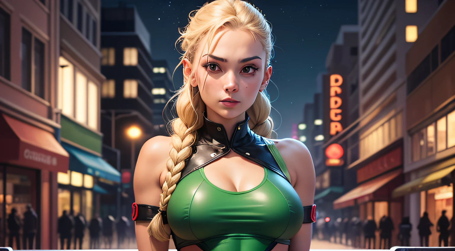 1 girl, caucasian, ((detailed face)), milf cammy from street fighter wear (green leotard), two braided braids, night street background, (arms behind back), (red gloves), (stands straight), looking at camera