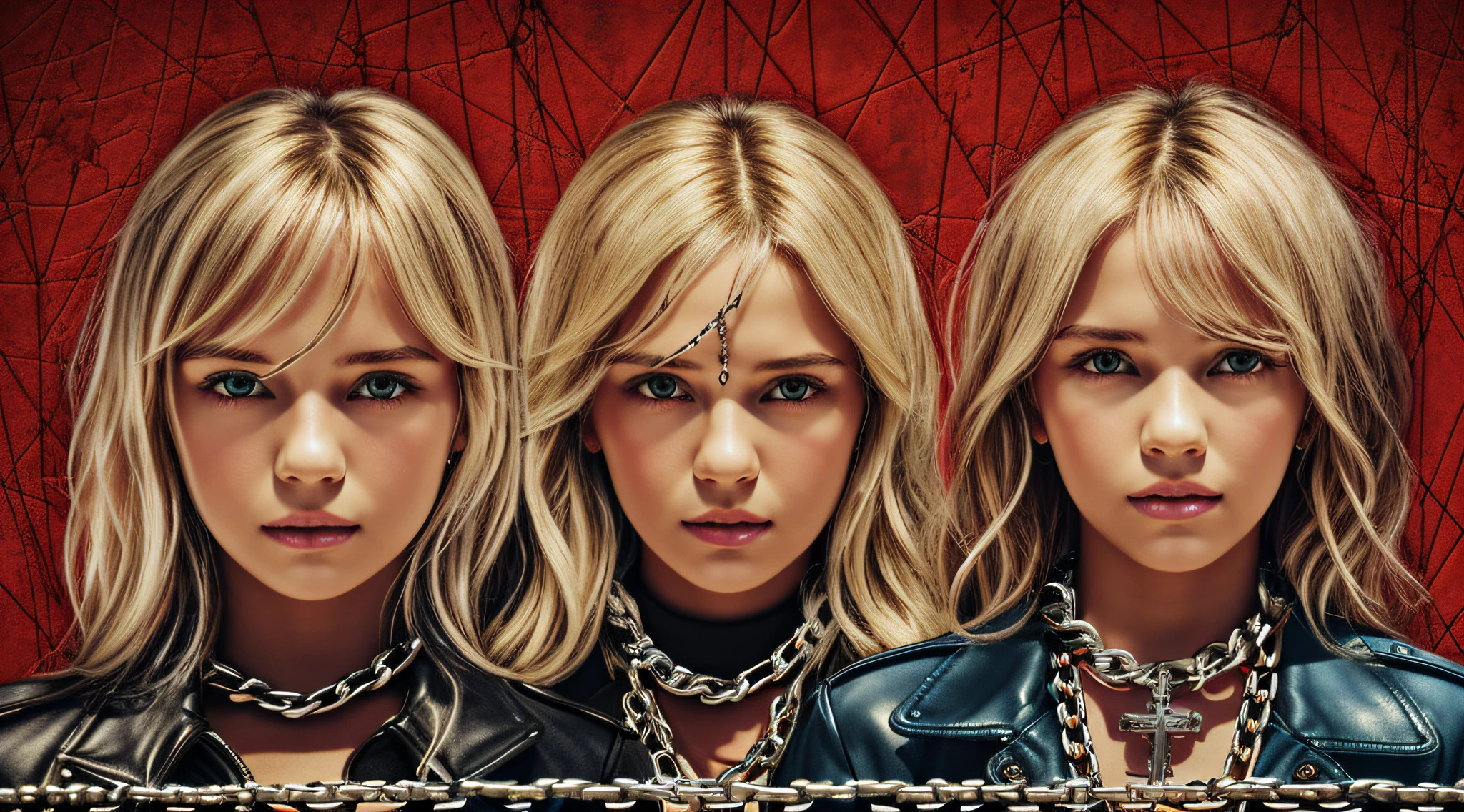 A half body, portrait of 3 girls German children long platinum blonde hair of , red leather jackets, holding in their hands a cross, background of chains, chain, more chains, many chains, , red, red fire, many background flames.