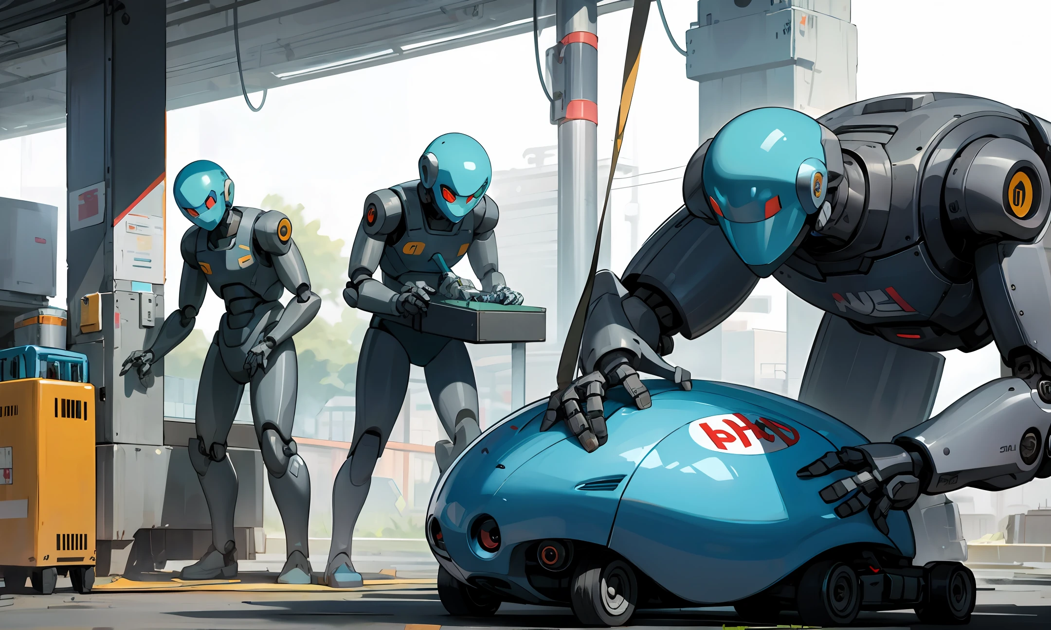 jobless people outside the factory where robots are working in place...