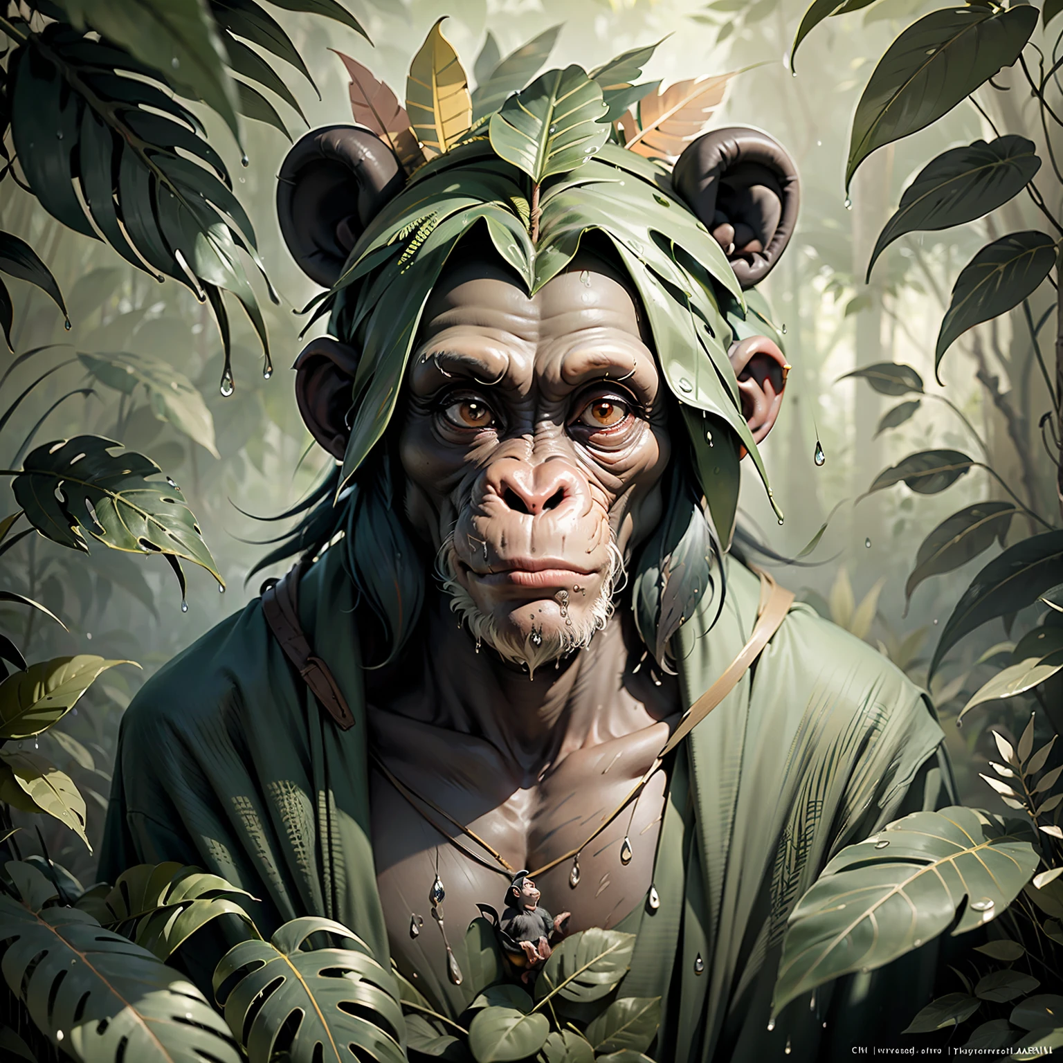 Chimpanzee meditating in a dense jungle, he wears headdress with colorful feathers on his head, looking from the front, body facing the camera, around him many wet foliage after heavy rain,,((masterpiece))