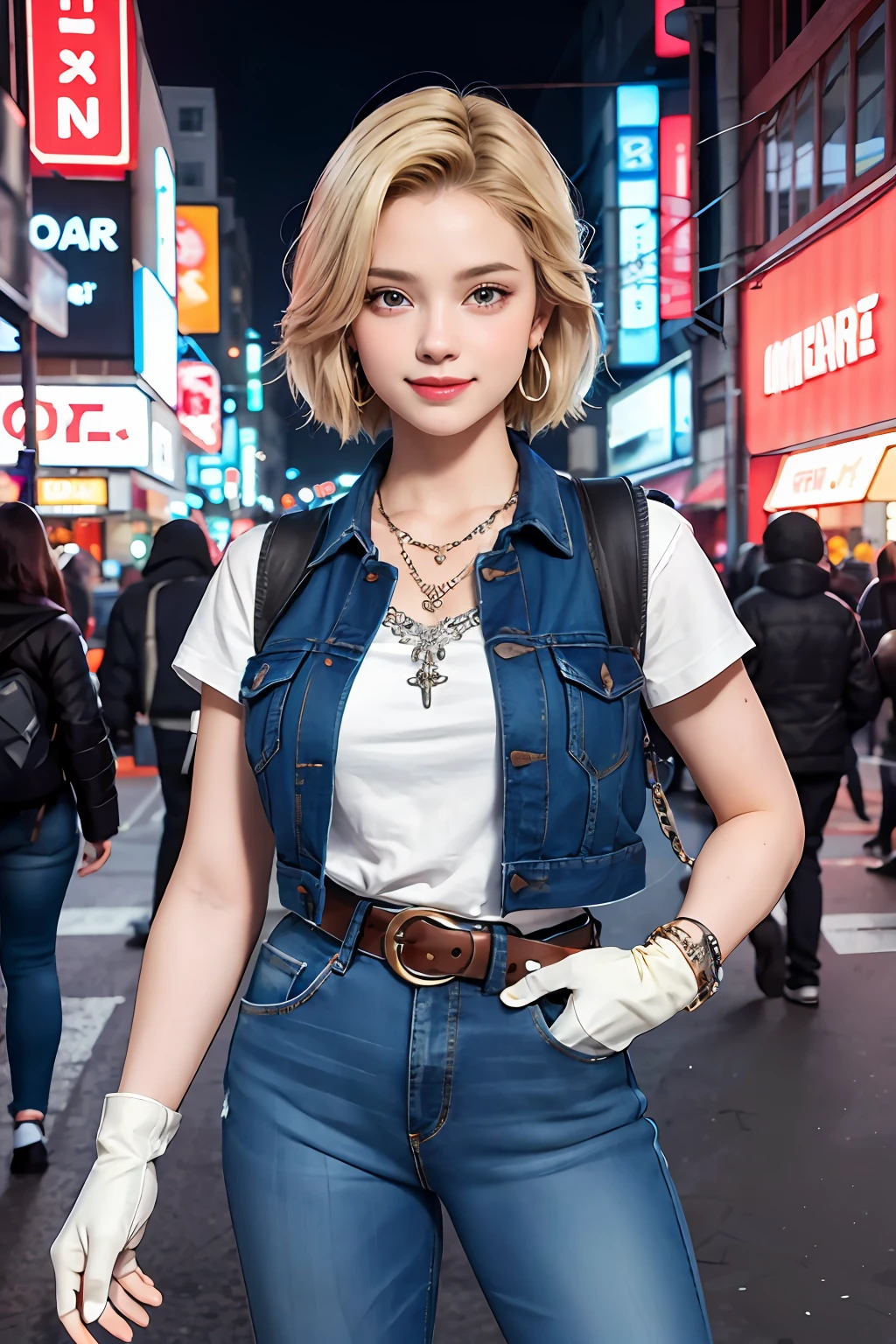 masterpiece, best quality, ultra-detailed, absurd, Portrait of cute Android18DB, solo, earrings, jewelry, jeans, smile, belt, vest, pants, gloves, necklace, jeans, cyberpunk street bustling with neon signs, volumetric lighting, best quality, masterpiece, intricate details, tonemapping, sharp focus, hyper detailed, trend in Artstation,