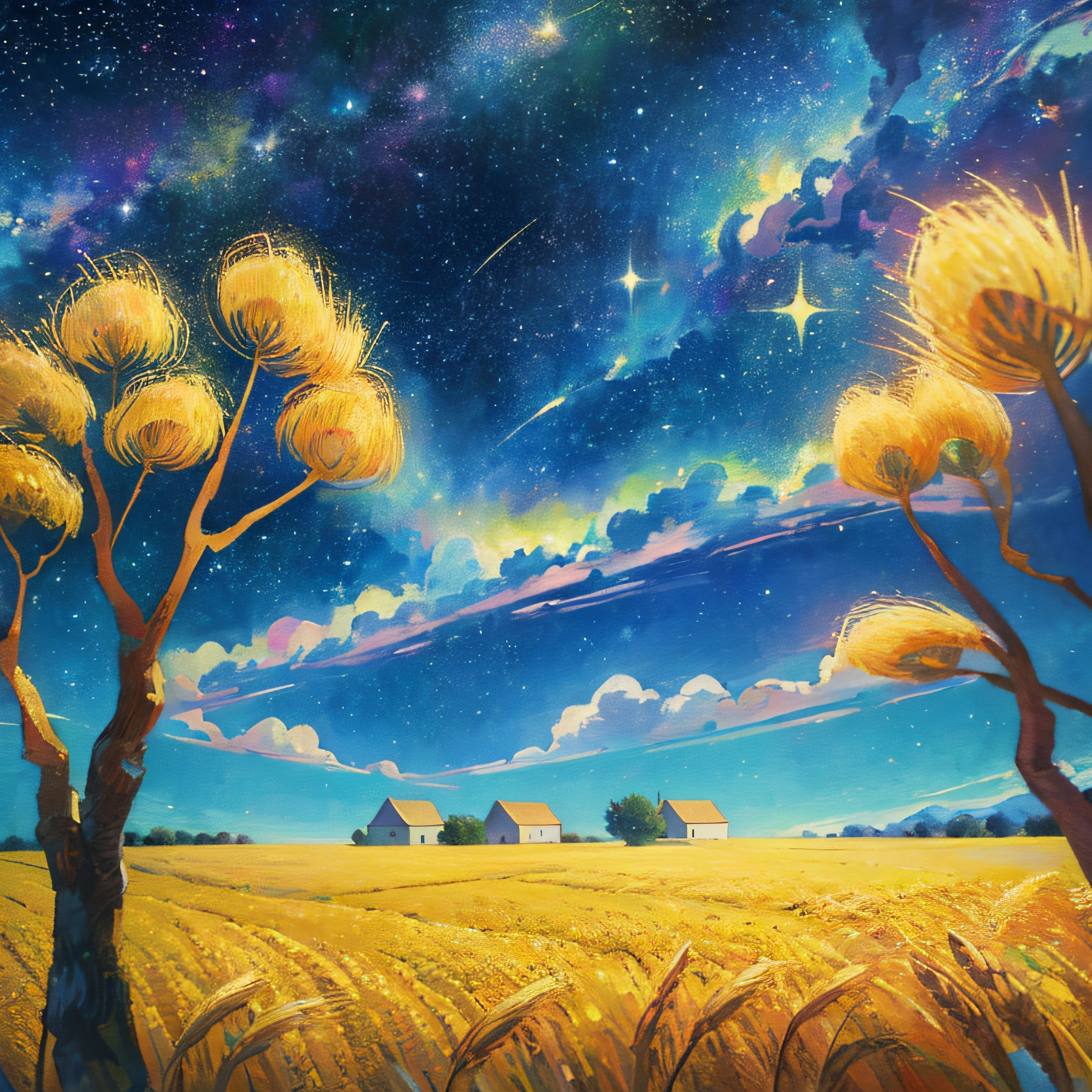 (((masterpiece))),bestquality,illustration,beautifuldetailedglow,
paper_cut, fantasy, simple background , no human,  starry sky, vincent van gogh \(style\), trees,village, wheat field, --auto