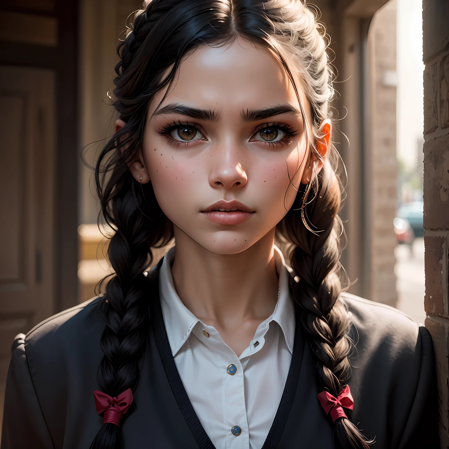 hyperrealistic portrait, 18-year-old Mexican woman, with braids, dressed in black school uniform. inexpresina.with fierce eyes --auto