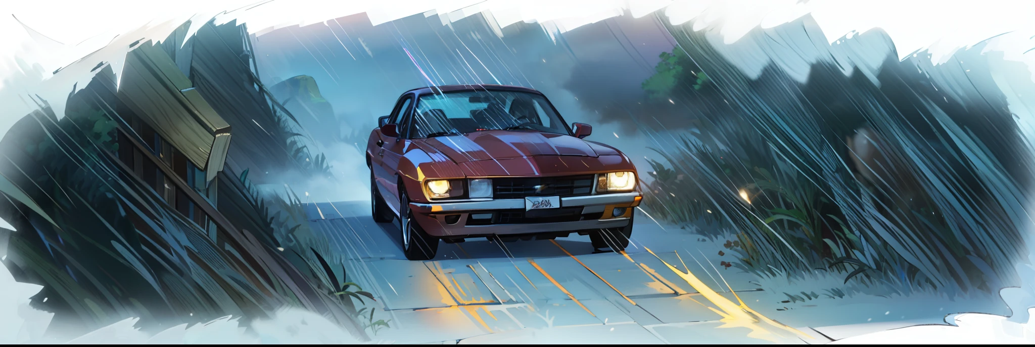 4k, realistic. A yellow Camaro car, in the middle of a road in the woods, lightning struck the car