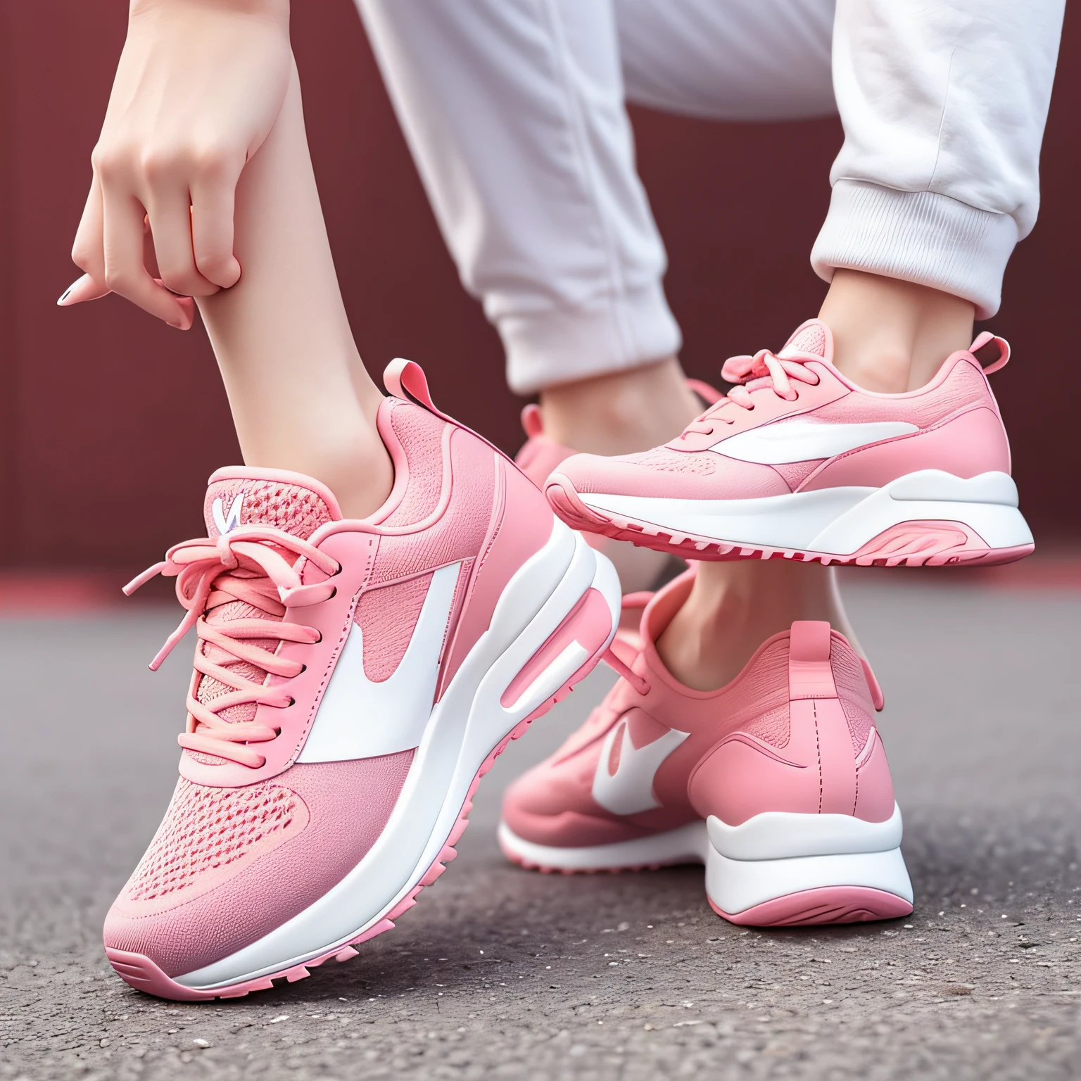 Capture a close-up of a pair of pink and white sneakers with a futuristic design. The focus should be solely on the sneakers, highlighting their lovely pastel colors. The shoes feature a combination of soft and pleasant pastel tones, creating a charming two-tone visual.