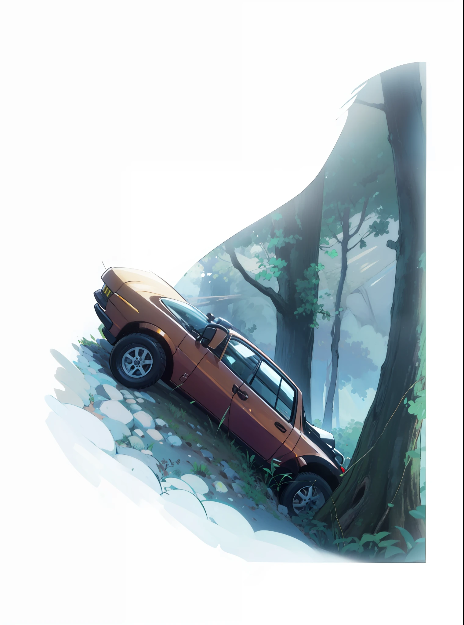 4k, realistic. Yellow car, in the middle of a road in the forest, hit a tree and is spoiled
