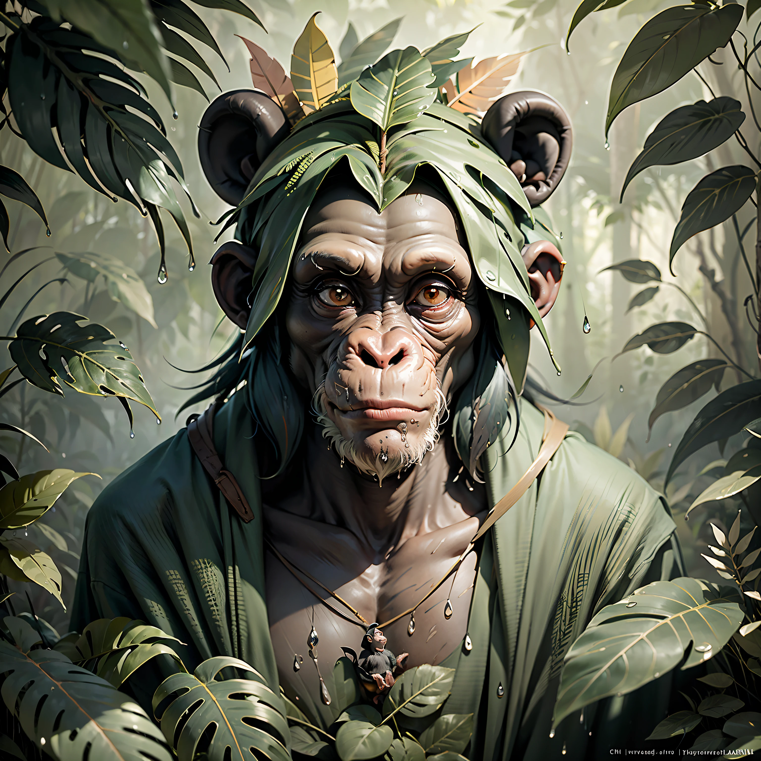 Chimpanzee meditating in a dense jungle, he wears headdress with colorful feathers on his head, looking from the front, body facing the camera, around him many wet foliage after heavy rain,,((masterpiece))