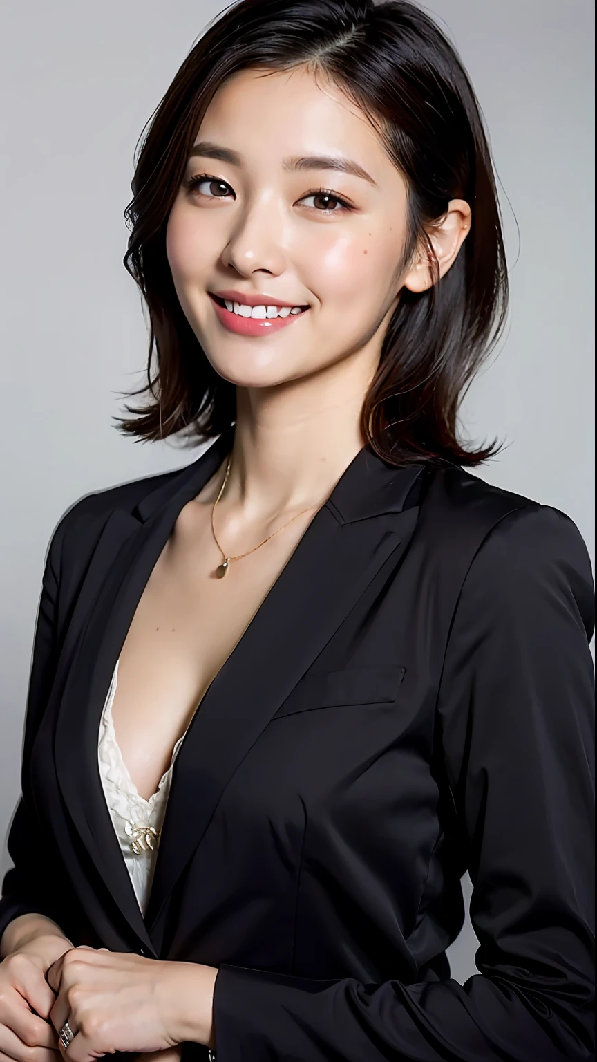 (Best quality, 8k, 32k, Masterpiece, UHD:1.2),Photo of Pretty Japanese woman,(detailed face:1.1), simple black suit, looking at viewer,upper body,necklace,medium breasts,smile