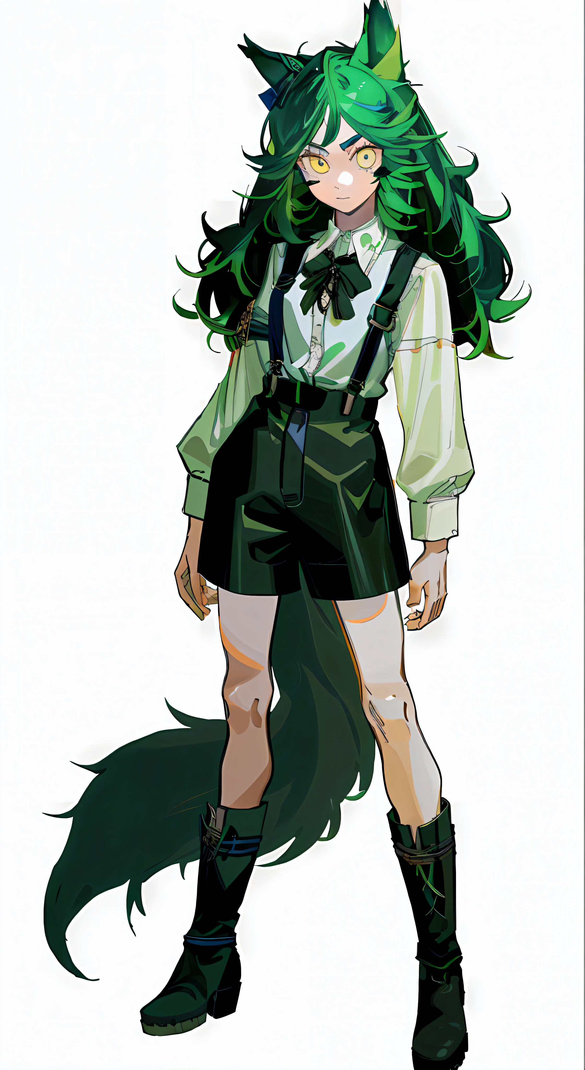 (((Masterpiece)),((Best Quality))),A Girl,(Simple Background.), White Background: 1.3), White Shirt, Black Suspenders, Black Leather Boots, Stand Straight, Full Body, Divinity, Light Green Hair, Mullet Head, Yellow Eyes, Wolf Ears, Expressionless, Depicted Eyes, Delicate Facial Features, Anatomically Correct, Looking at the Audience, Treated Hair