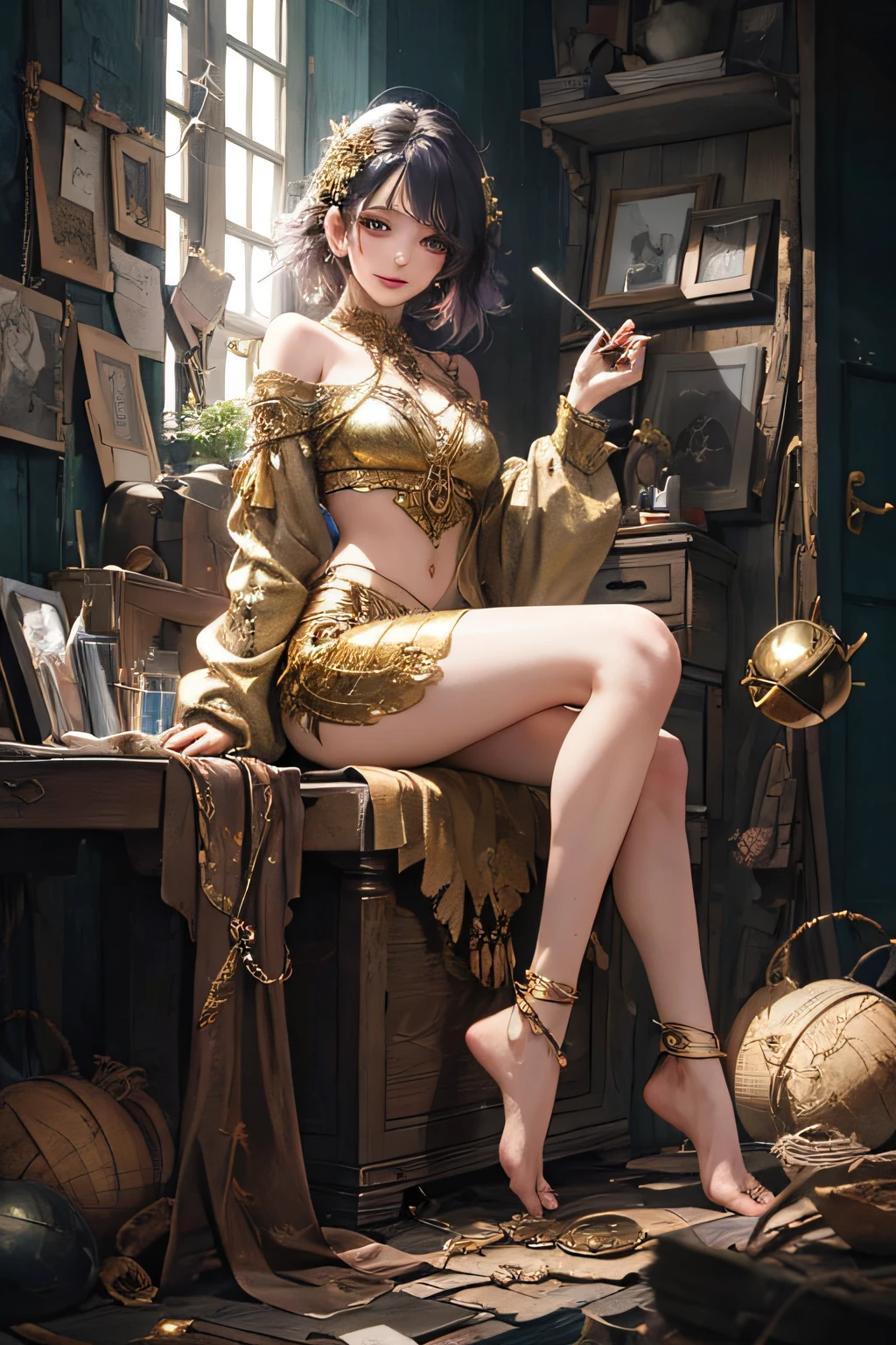 full body beautiful girl in closeup,, PerfectNwsjMajic,(masterpiece, top quality, best quality, official art, beautiful and aesthetic:1.2), (1girl), extreme detailed,colorful,highest detailed, official art, unity 8k wallpaper, ultra detailed, beautiful and aesthetic, beautiful, masterpiece, best quality,slight mischievous and seductive smile, (zentangle, mandala, tangle, entangle) ,holy light,gold foil,gold leaf art,glitter drawing, are shoulders, barefoot, bare back, shiny skin, shiny hair, closeup, chest, neck, shoulders, full head, perfect eyes, perfect iris