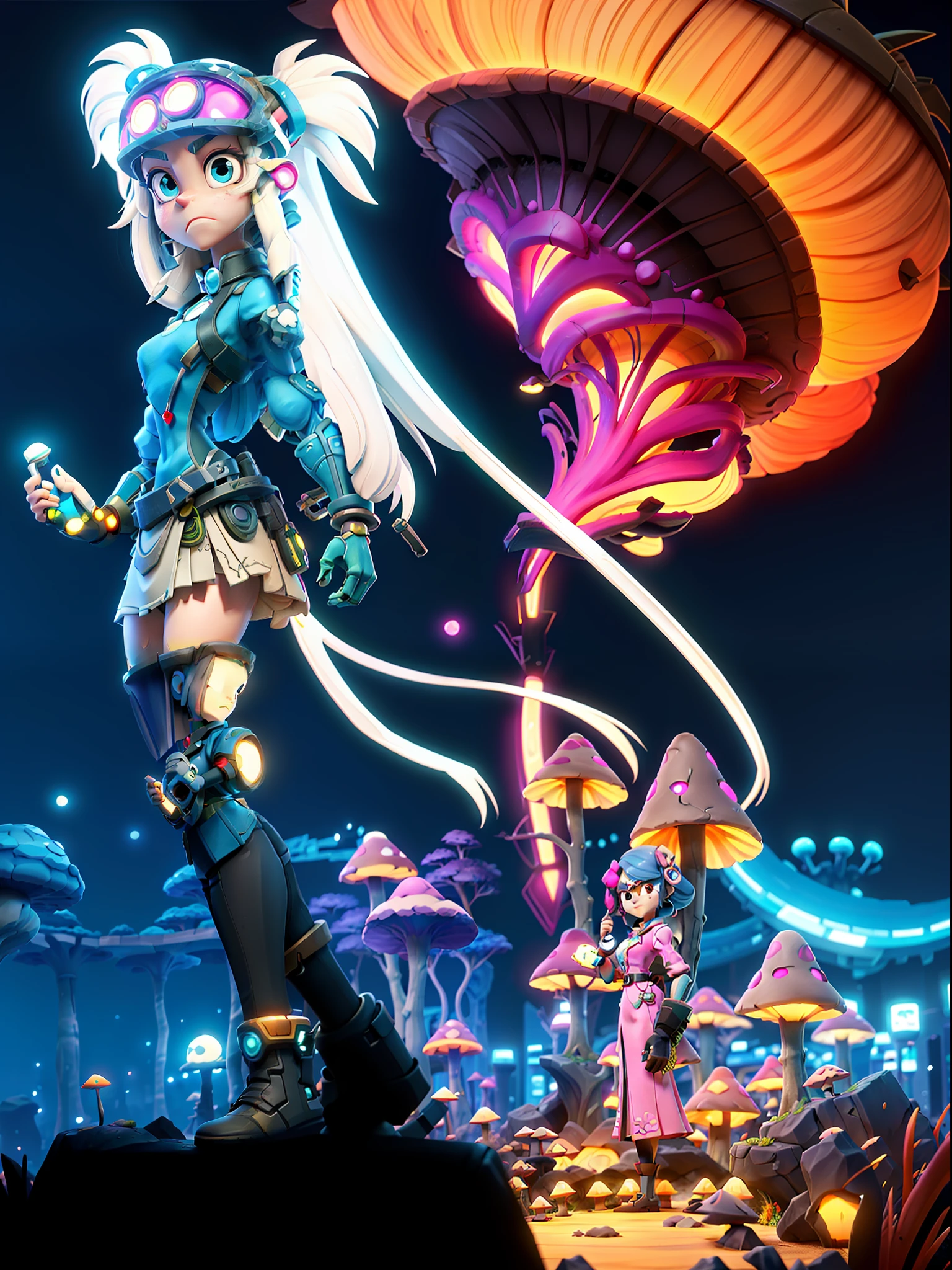 a woman standing in front of a mushroom filled city at night, sci-fi anime, anime cyberpunk, sci fi anime, ufotable art style, anime girl of the future, modern sci-fi anime, modern cyberpunk anime, afrofuturism anime, digital cyberpunk anime!!, ufotable, alice in wonderland cyberpunk, cyborg - girl with silver hair, dreamy psychedelic anime