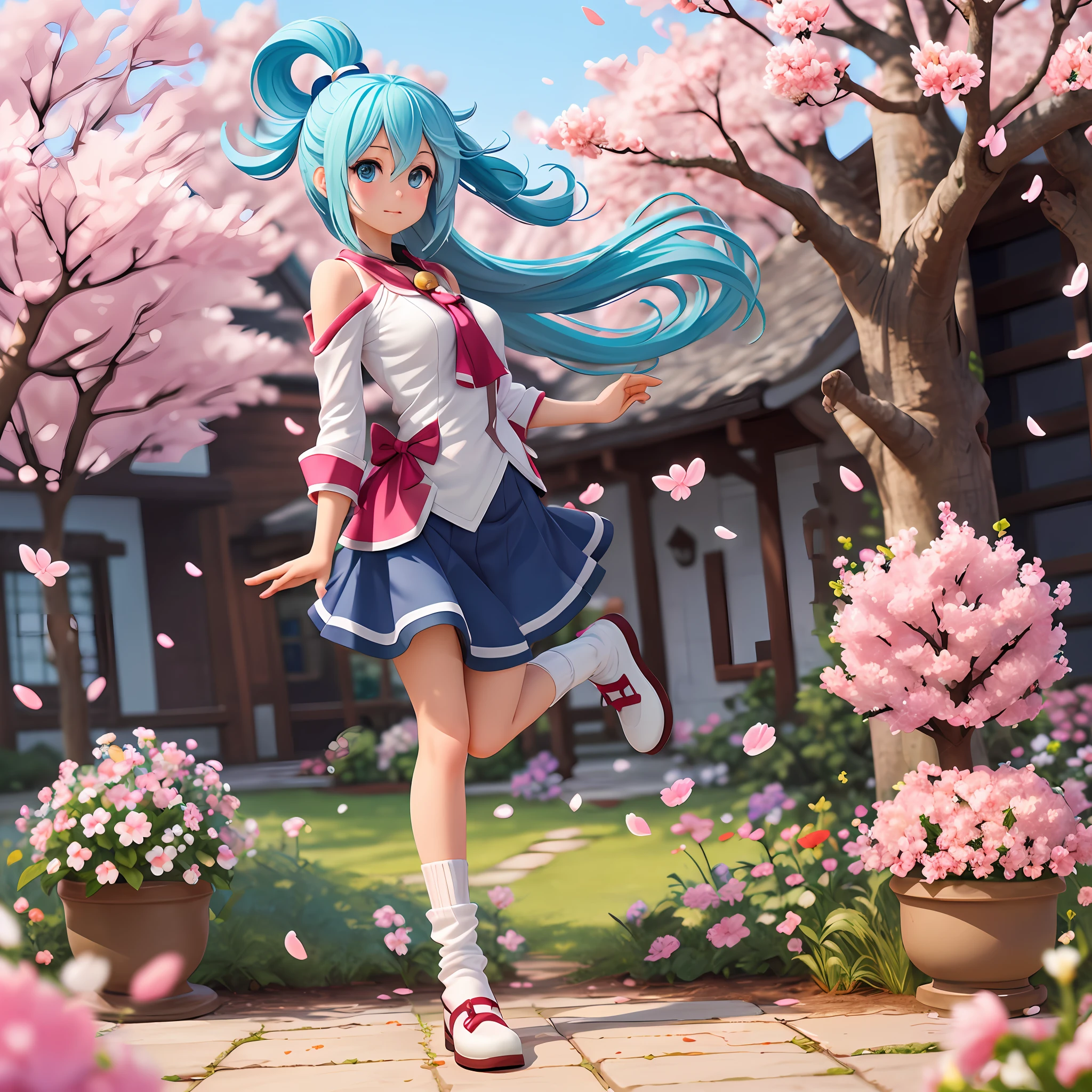 1girl (aqua_konosuba), soil, long light blue hair blown by the wind, blue eyes, white sock, lace, look at the viewer, luxurious, elegant, extremely detailed, majestic, blurry, blurred background, tree, branch, cherry blossoms, butterfly, petals of windblown flowers, depth of field,