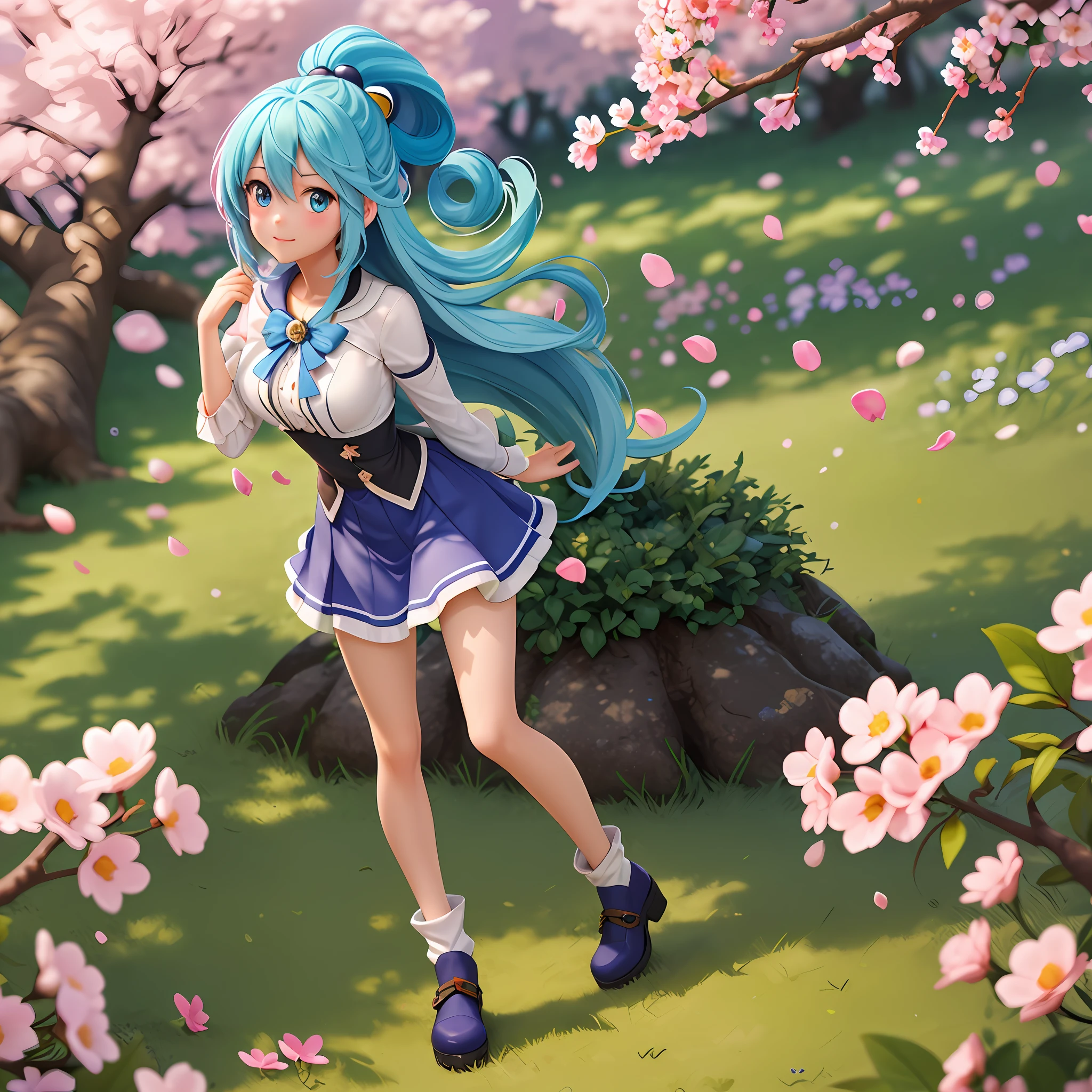 1girl (aqua_konosuba), soil, long light blue hair blown by the wind, blue eyes, white sock, lace, look at the viewer, luxurious, elegant, extremely detailed, majestic, blurry, blurred background, tree, branch, cherry blossoms, butterfly, petals of windblown flowers, depth of field,