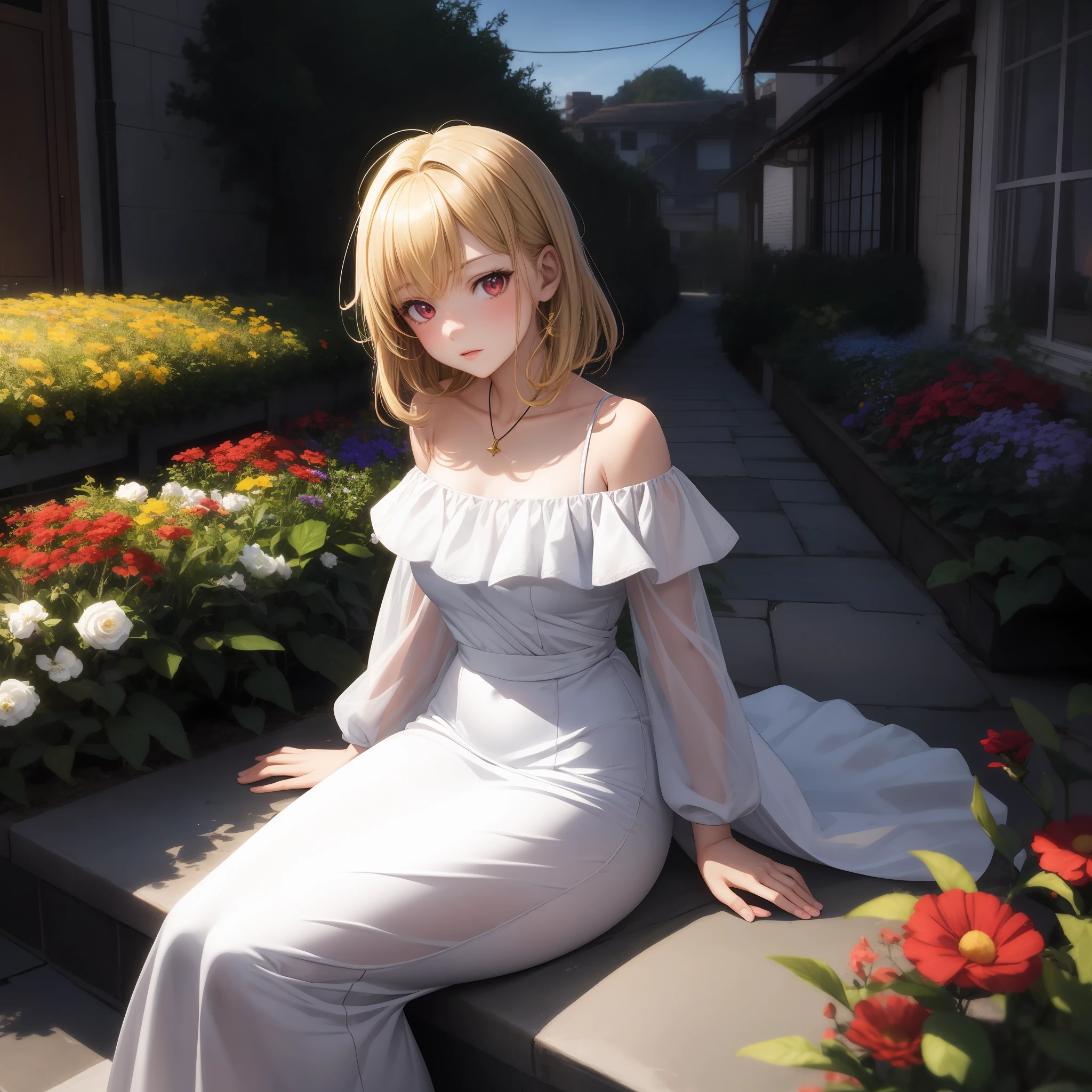 anime, girl single, blonde, red eyes, white dress, off-the-shoulder, flower garden,