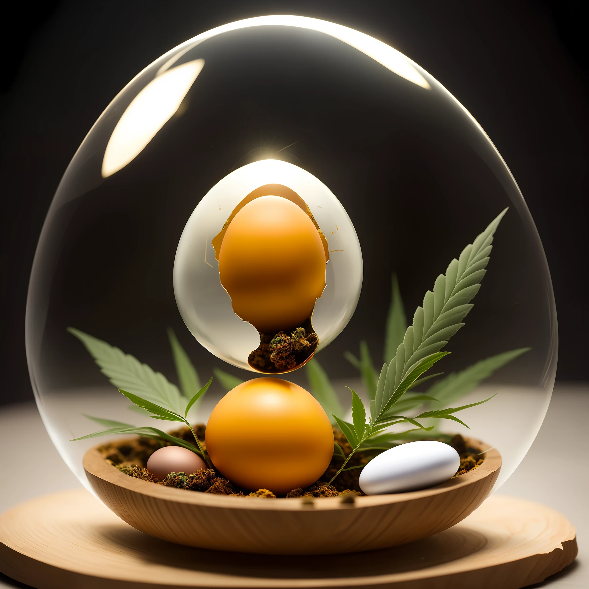 there is a glass ball with a small object inside it, golden egg inside, marijuana photography, translucent eggs, entheogen, edible crypto, medpods incubator, by Adam Marczyński, egg-shaped humpty dumpty, stoner, an egg, by Aleksander Gierymski, levitating agricultural sphere, high-quality topical rendering, portrait photo