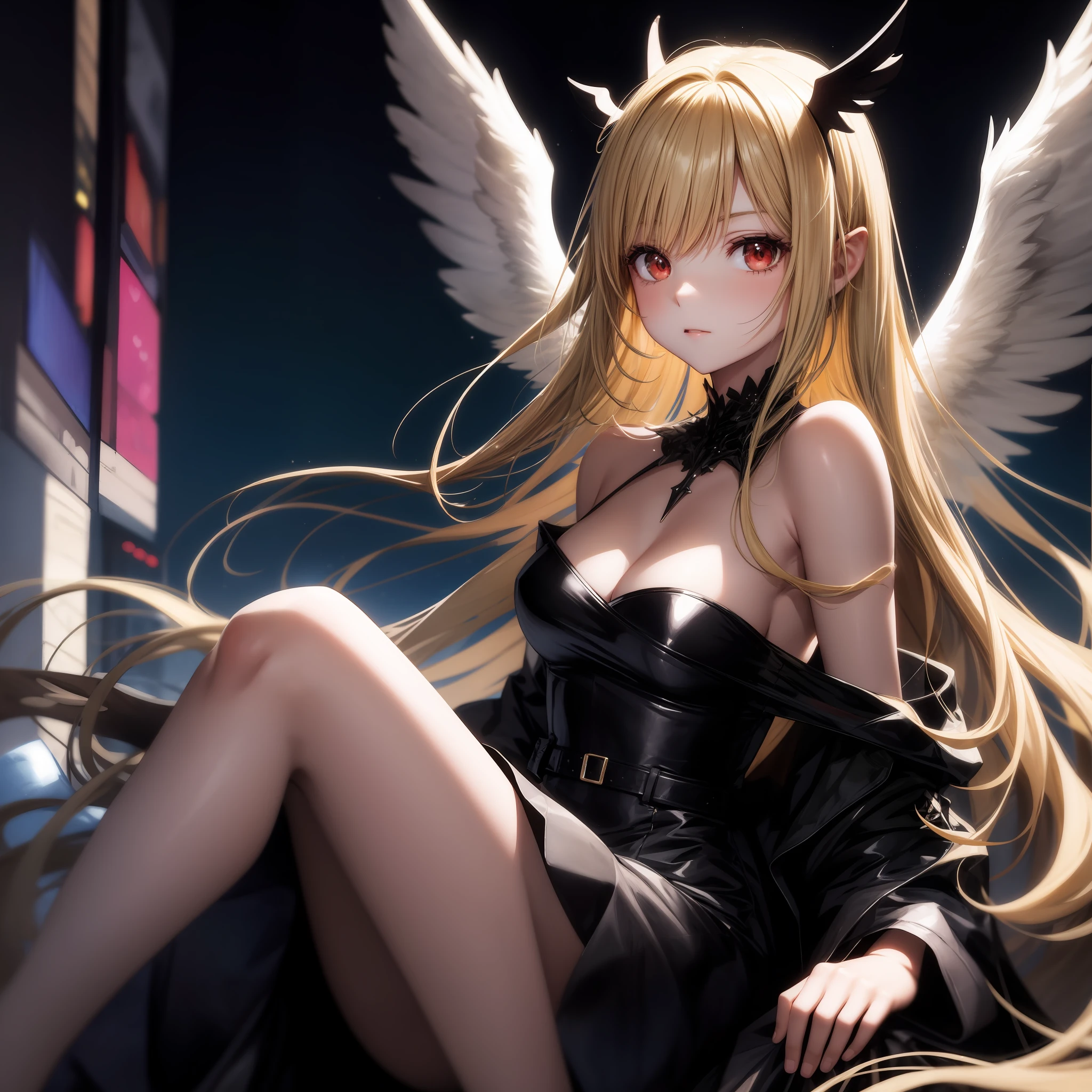 anime, girl single, blonde, red eyes, black dress, off shoulder, black angel wings, night