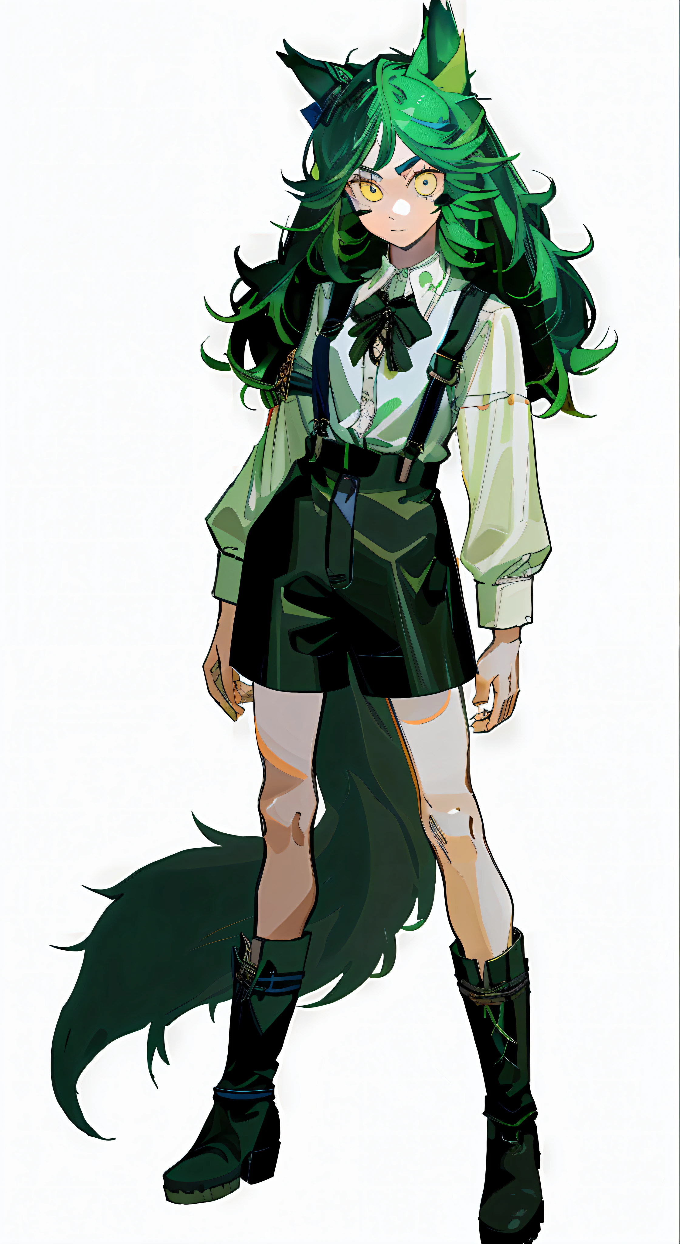(((Masterpiece)),((Best Quality))),A Girl,(Simple Background.), White Background: 1.3), White Shirt, Black Suspenders, Black Leather Boots, Stand Straight, Full Body, Divinity, Light Green Hair, Mullet Head, Yellow Eyes, Wolf Ears, Expressionless, Depicted Eyes, Delicate Facial Features, Anatomically Correct, Looking at the Audience, Treated Hair