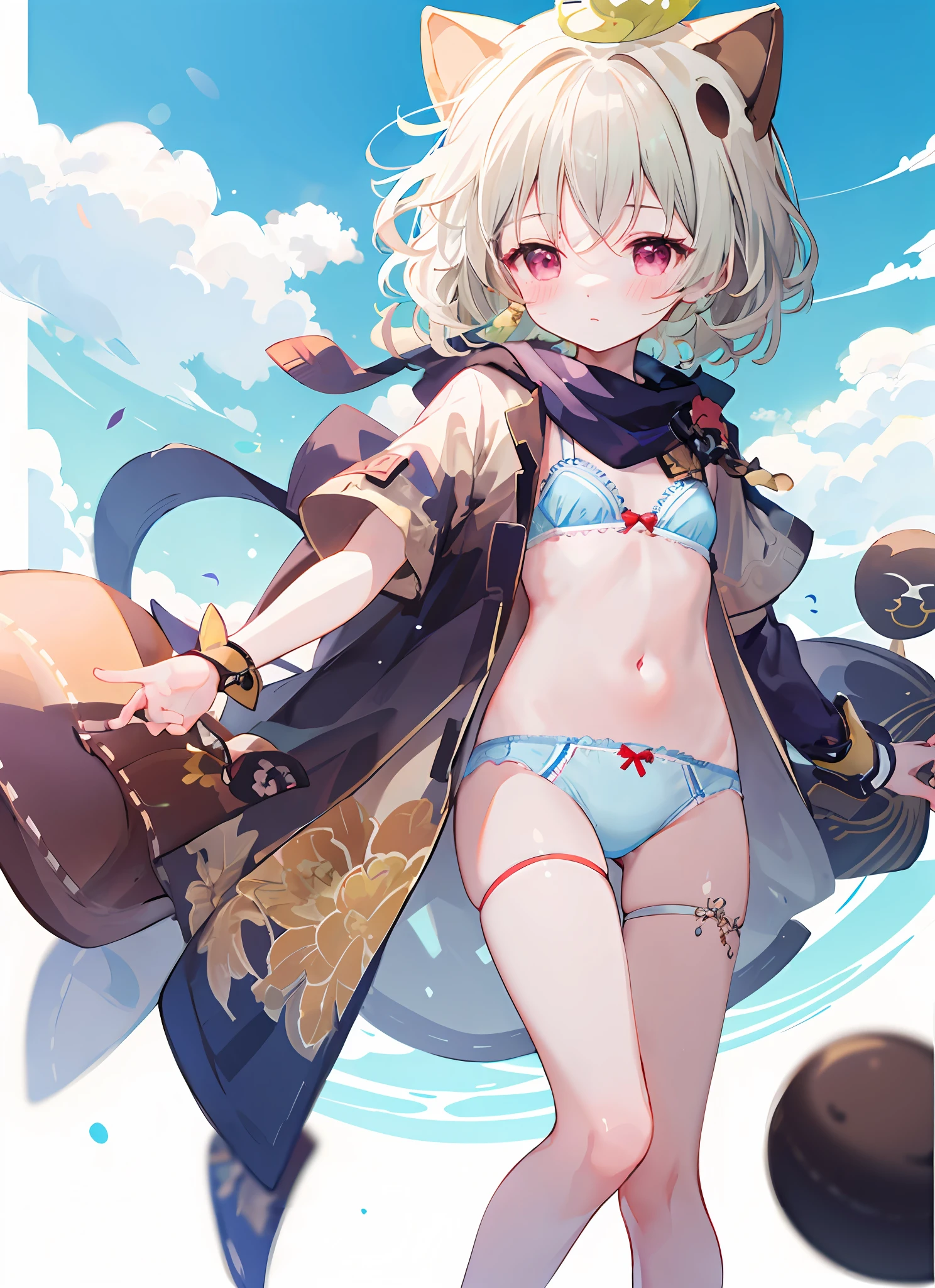 blush, outdoors, daytime, simple background, blue sky, wavy hair, sky, looking at the audience, , very cute expression, small short legs, avatar, toes, high quality panties, bra, navel,