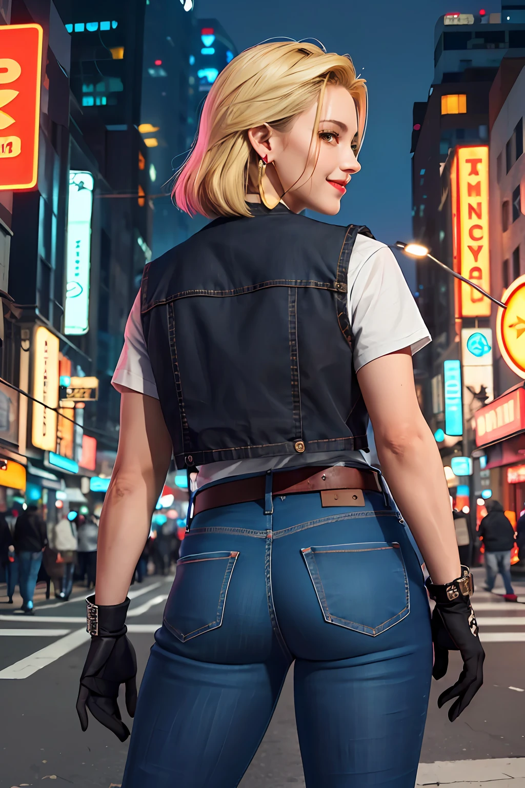 masterpiece, top quality, ultra detailed, ridiculous, cute android 18db portrait, solo, earrings, jewelry, jeans, smile, belt, vest, pants, gloves, necklace, jeans, cyberpunk street buzzing with neon signs, volume lighting, best quality, masterpiece, intricate detail, tone mapping, sharp focus, ultra detail, Artstation Trends,Angle from the Back