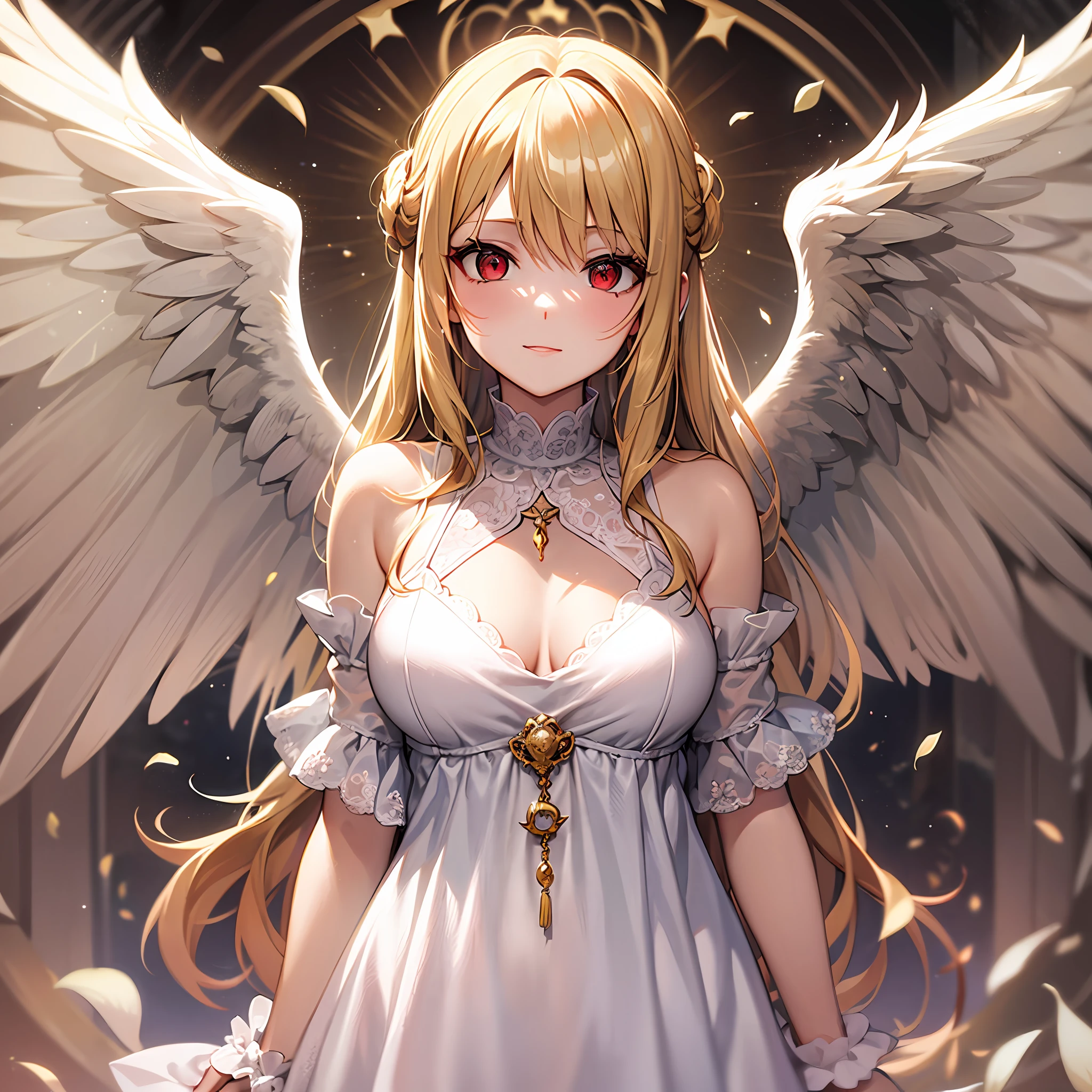 Blonde girl alone, red eyes, angel wings, white dress, sun, sunlight
