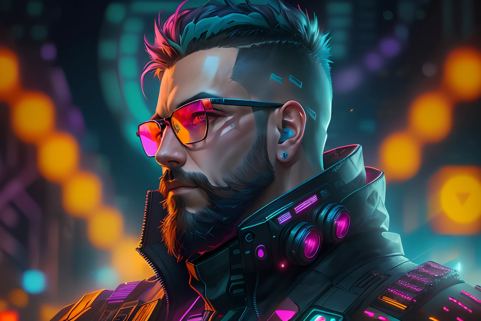 a man with beard and glasses in a futuristic suit, cyberpunk portrait, cyberpunk face, cyberpunk hero, portrait of a cyberpunk man, cyberpunk character, hyper-realistic cyberpunk style, bright cyberpunk glow, cyberpunk character art, cyberpunk shading, ultrarealistic 8k cyberpunk art, cyberpunk digital art, cyberpunk art style, cyberpunk art style, cyberpunk themed art, pink and cyan color