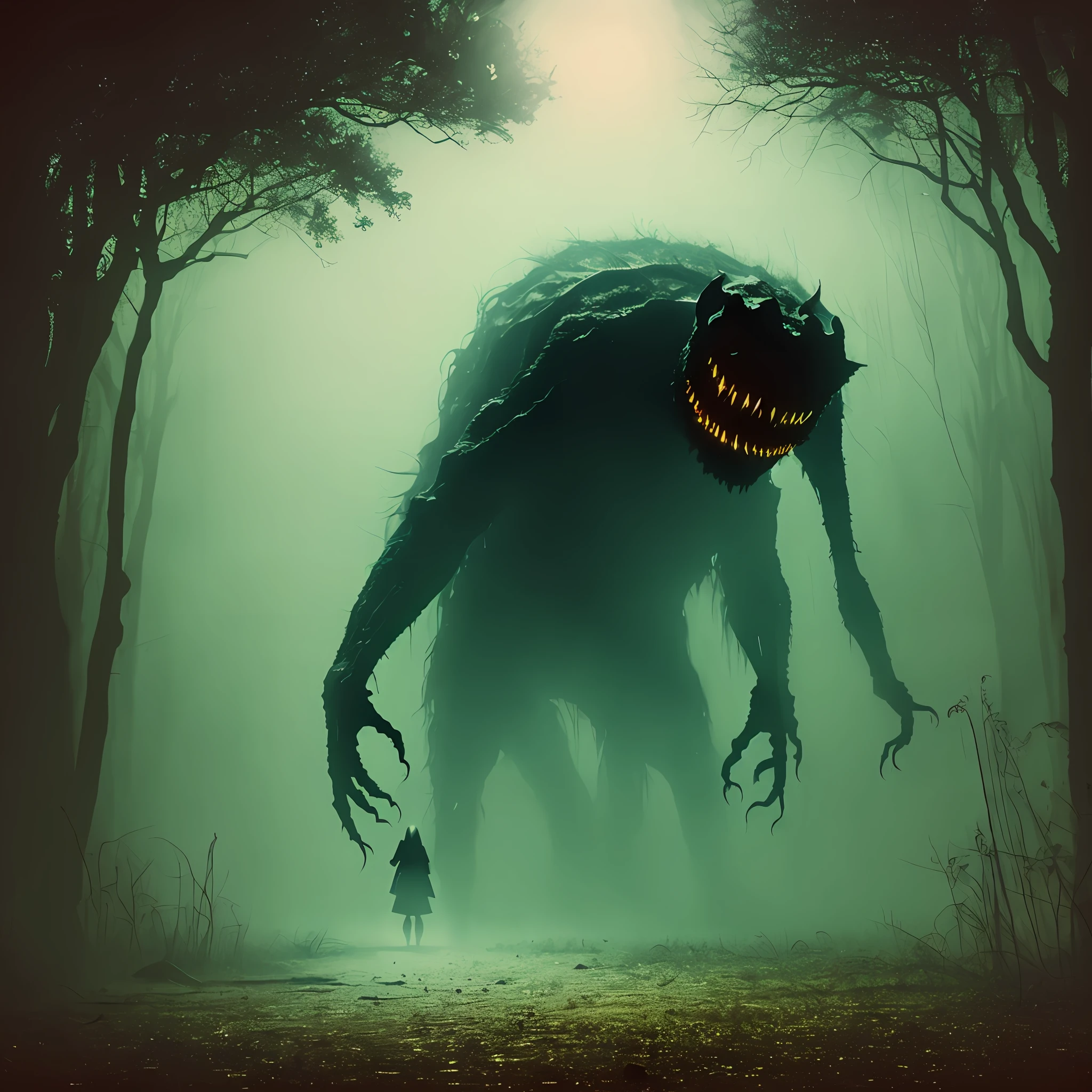 Night monster is composed of an enigmatic mass of mist, with bright red eyes. It has four long, slender arms, ending in sharp claws, and moves in a creeping, sinuous manner. Its ethereal and mysterious form inspires fear and uncertainty.
, dynamic lighting, photorealistic, trends in the art station, stunning visuals, nebulous, creative, cinematic, ultra detailed, atmospheric, ambient lighting, scary art, bad quality, heavy film grain, desaturated, dark tones, horror, terror, nightmares,