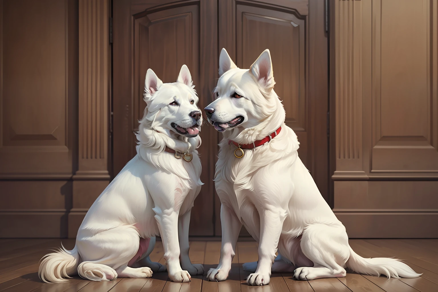 masterpiece, Highly detailed, super realistic,detailed background,
(large white dogs sitting side-by-side), (sideways), (from side:1.5),