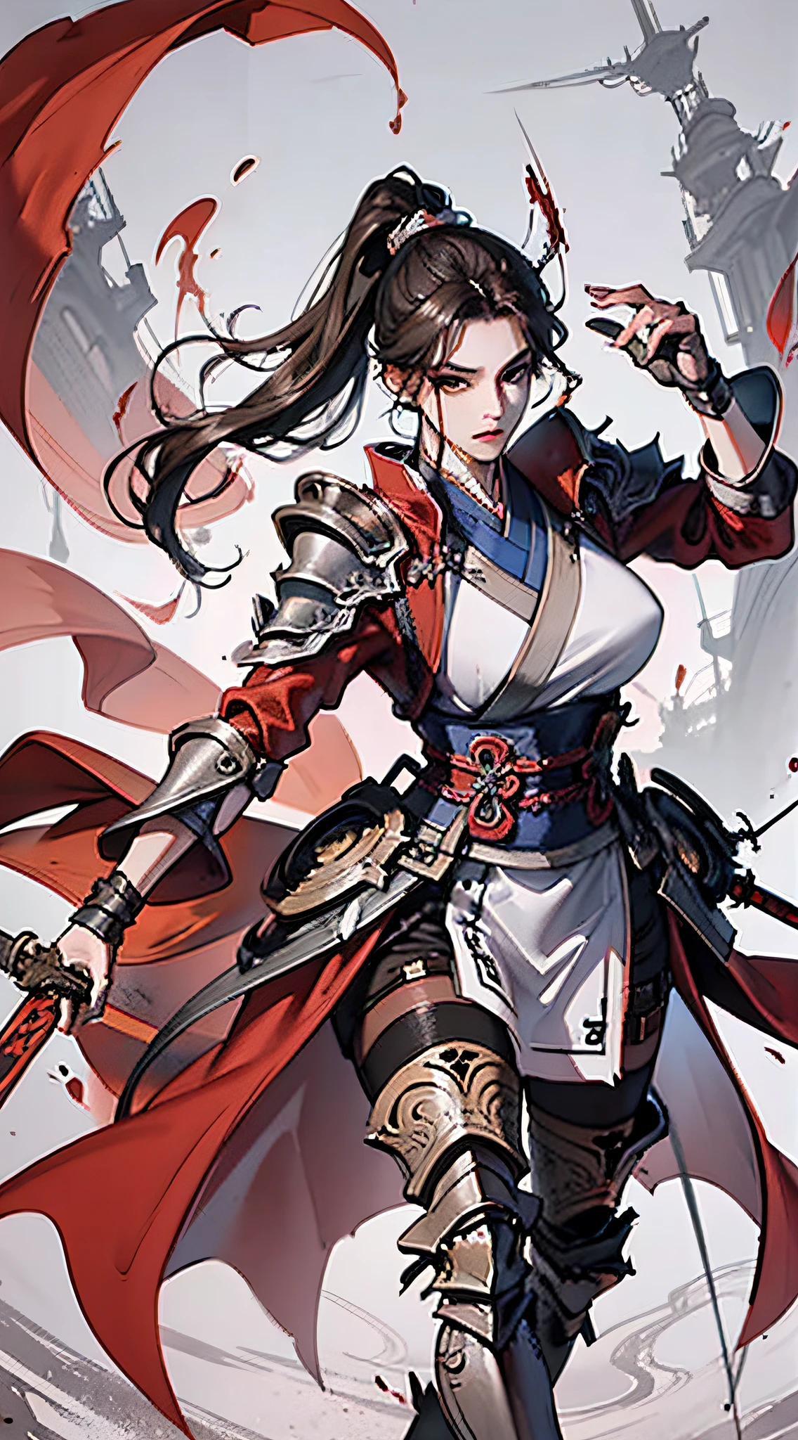 Chinese style, ancient battlefield, an ancient Chinese female general, holding a sword in her hand, grim expression, full body, amazing facial features, red robe, armor, boots, yellow sand in the sky, fleeing crowd, firelight, game model, stunning lighting, C4D, OC rendering, cinematic edge light, delicate light, masterpiece, super detailed, epic composition, super HD, high quality, highest quality, 32k