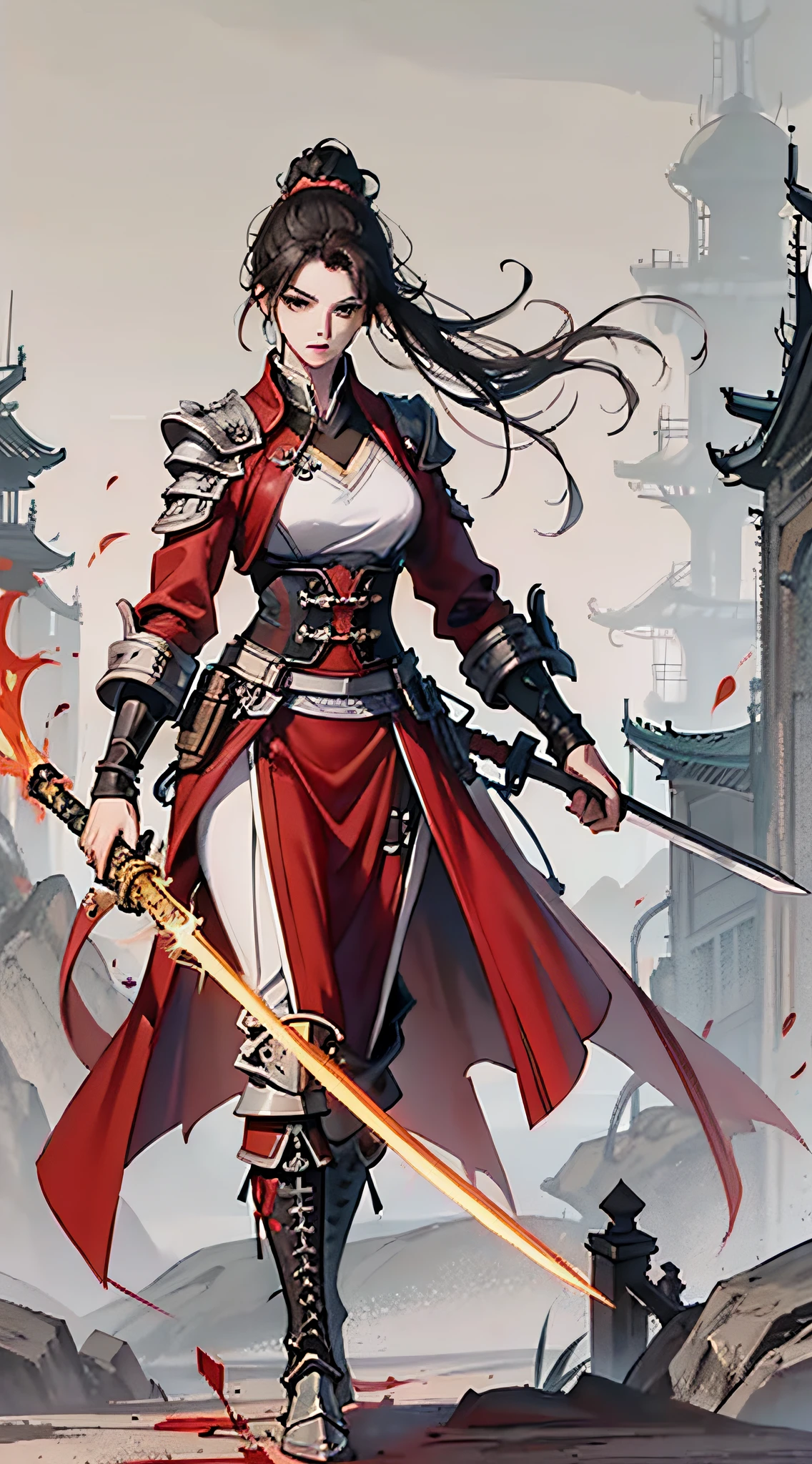 Chinese style, ancient battlefield, an ancient Chinese female general, holding a sword in her hand, grim expression, full body, amazing facial features, red robe, armor, boots, yellow sand in the sky, fleeing crowd, firelight, game model, stunning lighting, C4D, OC rendering, cinematic edge light, delicate light, masterpiece, super detailed, epic composition, super HD, high quality, highest quality, 32k