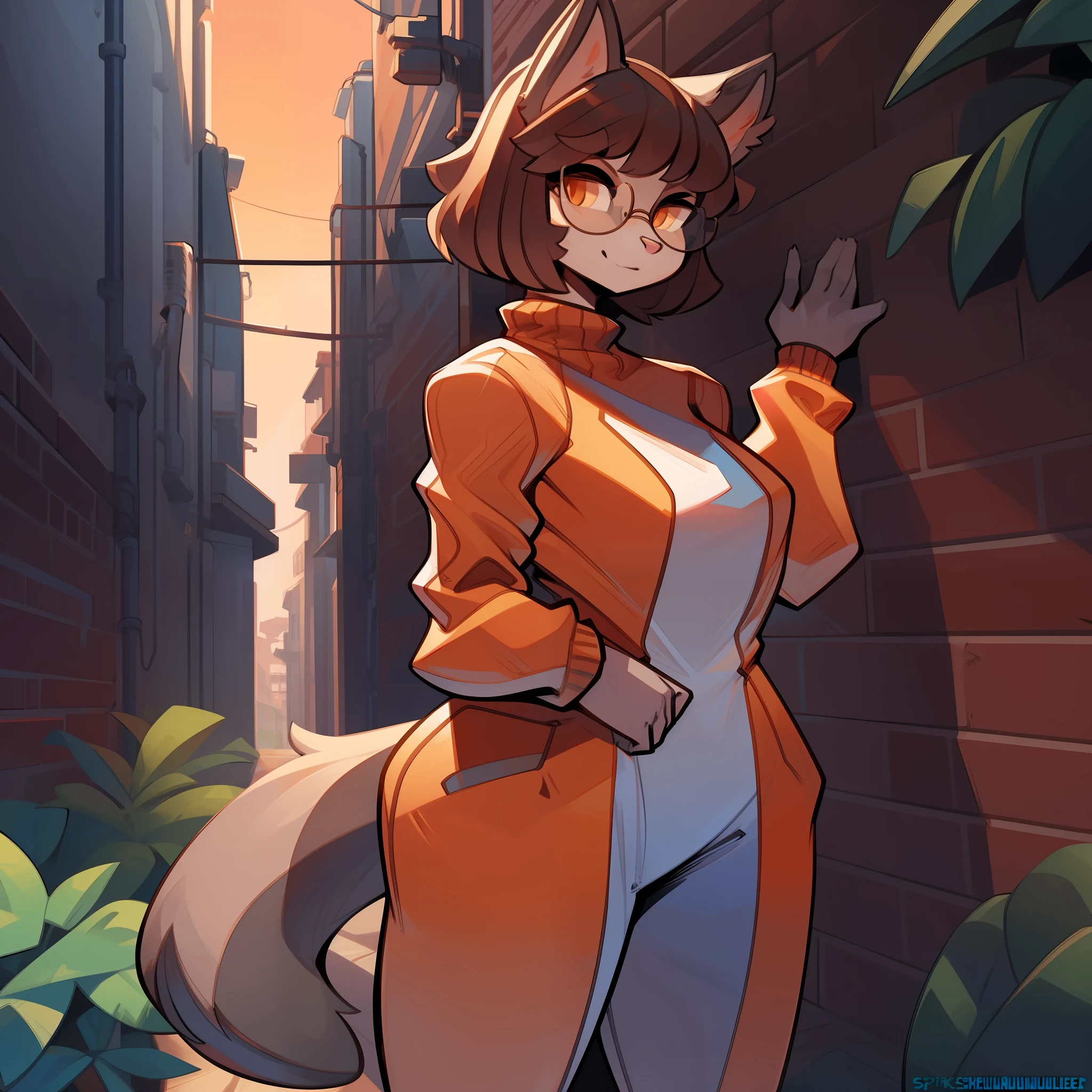 Solo, female, standing, (((by spikedmauler))), dark grey fur, feline, pink nose, pink inner ear, orange eyes, detailed eyes, detailed hands, brown hair, short hair, alleyway, plants, golden hour, orange spacesuit, turtleneck, glasses