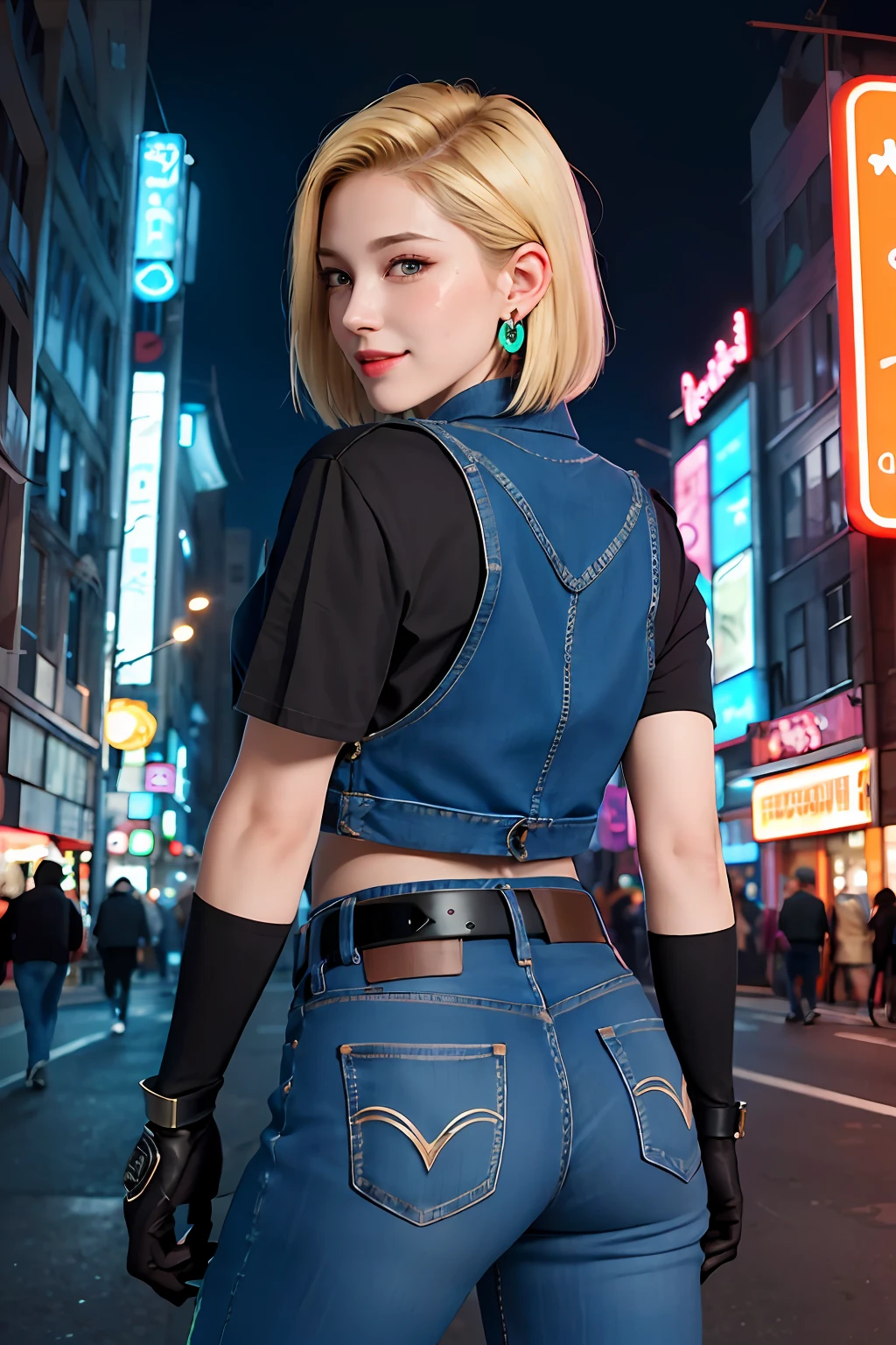 masterpiece, top quality, ultra detailed, ridiculous, cute android 18db portrait, solo, earrings, jewelry, jeans, smile, belt, vest, pants, gloves, necklace, jeans, cyberpunk street buzzing with neon signs, volume lighting, best quality, masterpiece, intricate detail, tone mapping, sharp focus, ultra detail, Artstation Trends,Angle from the Back