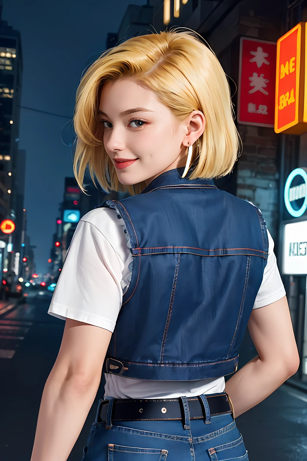 masterpiece, top quality, ultra detailed, ridiculous, cute android 18db portrait, solo, earrings, jewelry, jeans, smile, belt, vest, pants, gloves, necklace, jeans, cyberpunk street buzzing with neon signs, volume lighting, best quality, masterpiece, intricate detail, tone mapping, sharp focus, ultra detail, Artstation Trends,Angle from the Back