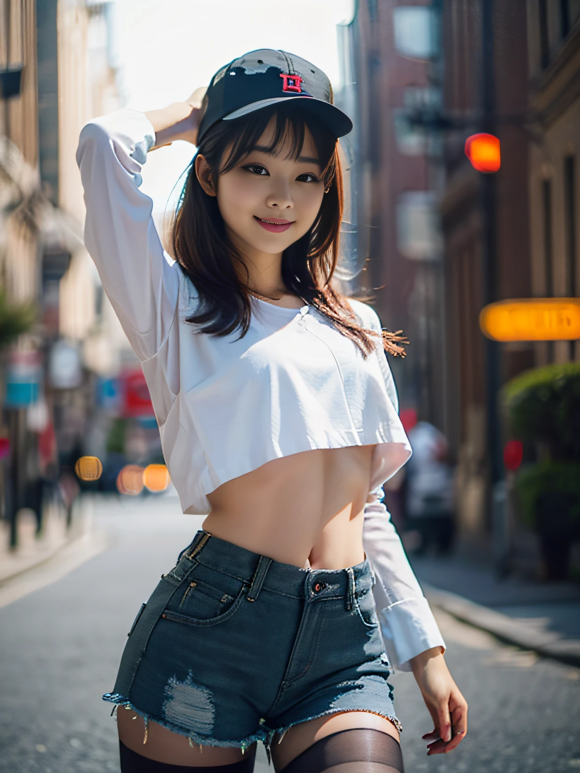 Best Smile, 1 Girl, (Looking Viewer), (Bokeh: 1.1), Parted Lips, Expressionless, Realistic, Arm Up, Tights, Skirt, Skyline, Realistic, ((Best Quality, 8K, Masterpiece: 1.3)), (Flower Cap: 1.3), Focus: 1.2, Perfect Body Beauty: 1.4, Buttocks: 1.2, (Layered Haircut: 1.2)), ( Dark Street: 1.3), highly detailed face and skin texture, full body, delicate eyes, double eyelids, whitened skin, long hair, (round face: 1.5), (loose crop top, shorts: 1.6)