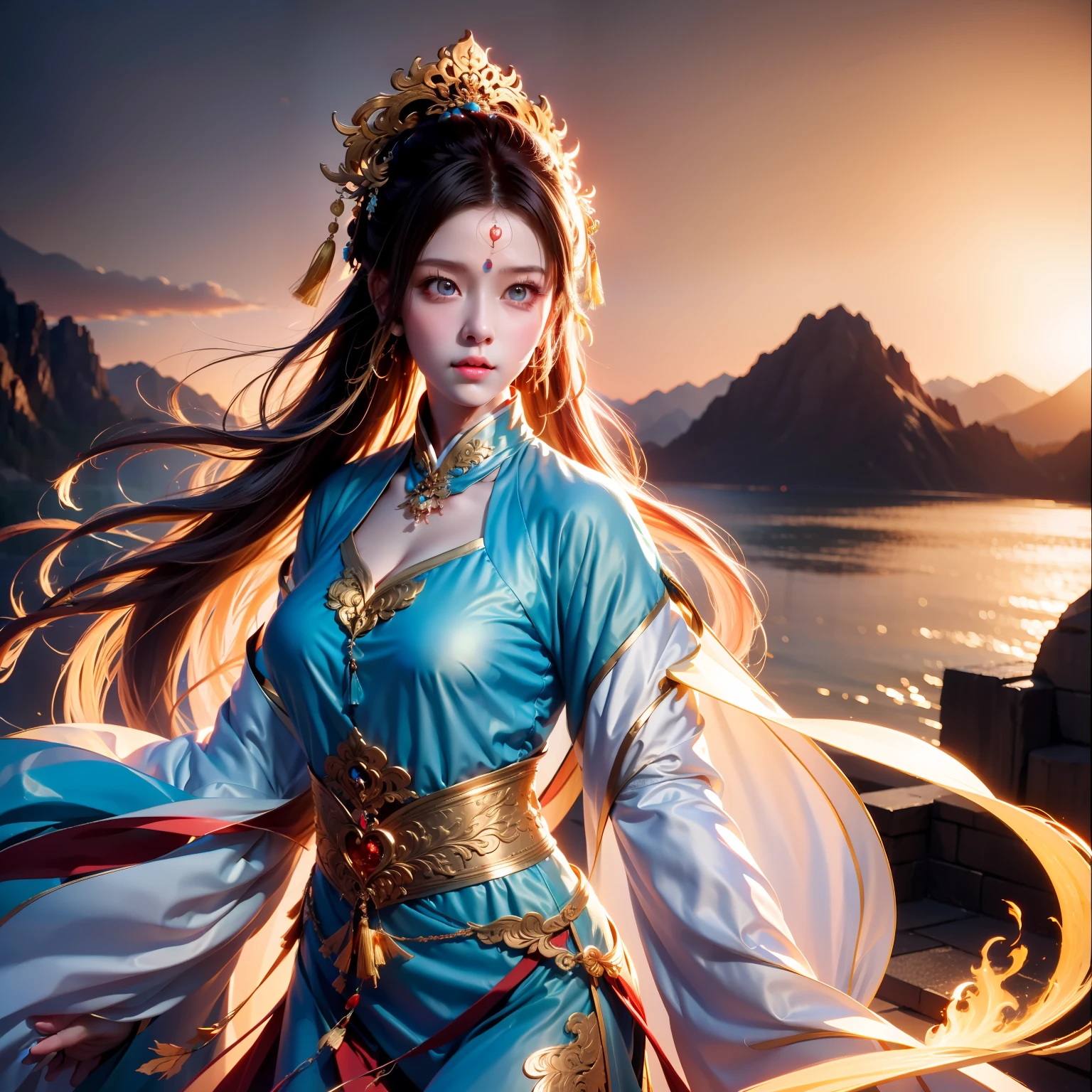 A sea of golden clouds, Surrounded by mountains, Classical antique girl, red pubic hair, Review, Mysterious Palace, Phoenix Guanxia, heart-shaped pupils, motion blur, cinematic lighting, best quality, 4K