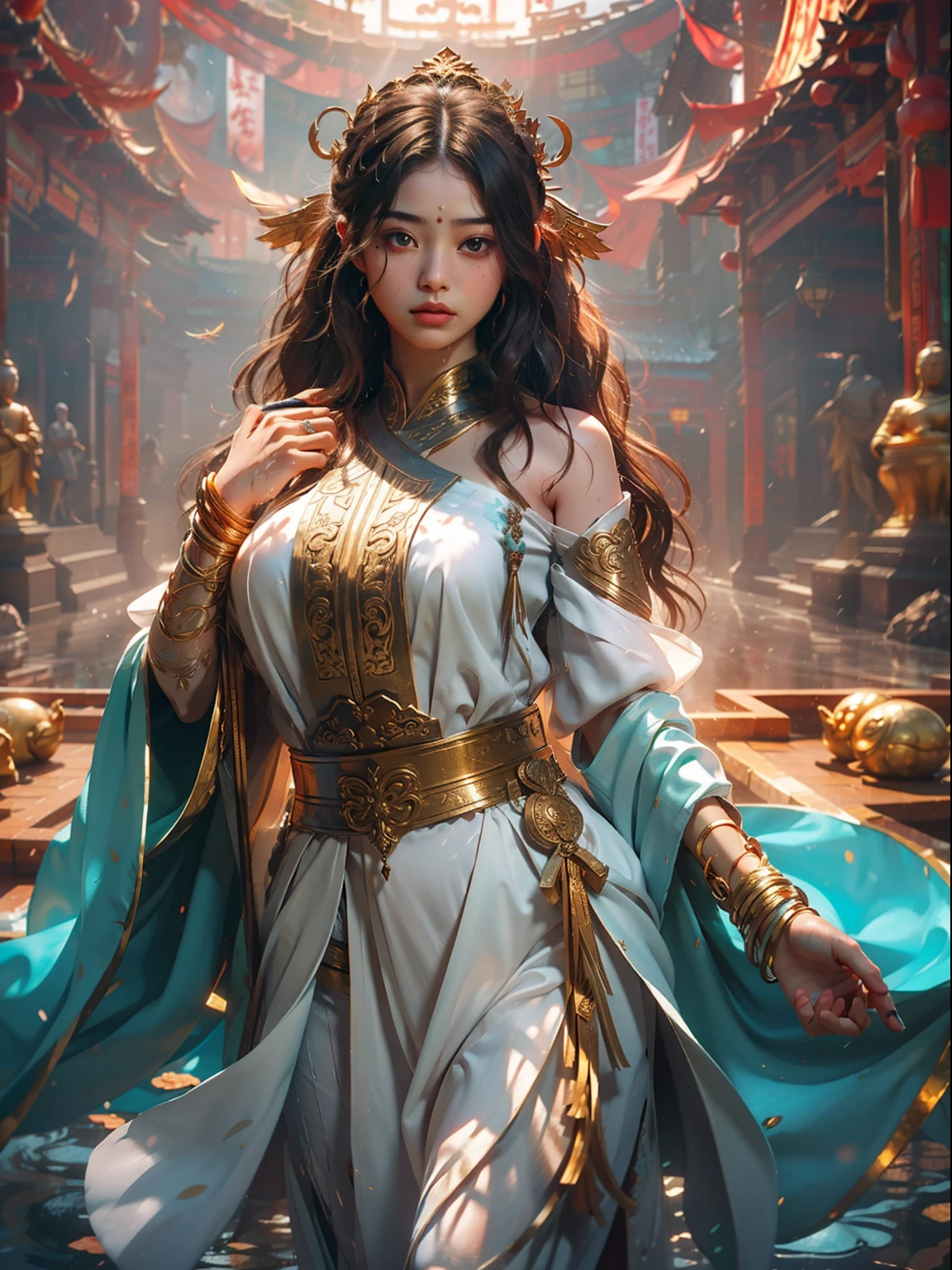 A Buddhist Bodhisattva Girl, (Masterpiece, Top Quality, Best Quality, Official Art), (KPOP idol), (Super Long Hair, Messy Long Flowing Hair, Light Pink Long Hair), Delicate Jewelry, Delicate Bracelet, Delicate Hair Ornament, High Feeling, Aperture in the Back, Fairy Fluttering, Looking Up View, Barefoot, Golden Bracelet on Ankle, Ancient Chinese Costumes, (Conservative Clothes), (Gorgeous Silk, Flowing Tulle, Flying Silk Around), dazzling background, Golden aperture on the back, gold Falun on the back, best light, best shadow, movie lighting, mystery, background pure black with ring aperture, ultra HD, 8k, fair skin, Wolp_style, duhuang_style, upper body close-up, detailed face, (sideways: 1.5), 28 years old, 1girl, well-dressed, super long clothes, one leg on the ground, left hand to do Buddha hand on chest, the other raised above the head to do bergamot, surrealism, photo, realistic,{(Surfacing from the clear pool,(Splashes around the body: 2.0), Splashes, Water ripples)}, (Wet clothes: 1.5) (Wet body: 3.0), (Wet hair: 1.5)}, Mid-chest, 48KG weight, smooth skin, light blue pupils, detailed eye painting, (Super white skin, supple skin), (Face focus, bending over to look at the camera, snap), light hitting the face