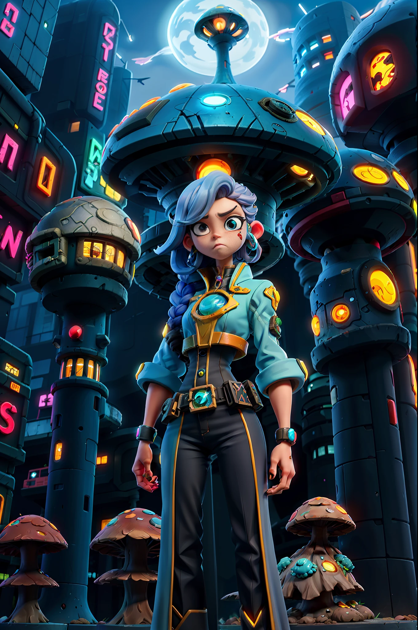a woman standing in front of a mushroom filled city at night, sci-fi anime, anime cyberpunk, sci fi anime, ufotable art style, anime girl of the future, modern sci-fi anime, modern cyberpunk anime, afrofuturism anime, digital cyberpunk anime!!, ufotable, alice in wonderland cyberpunk, cyborg - girl with silver hair, dreamy psychedelic anime