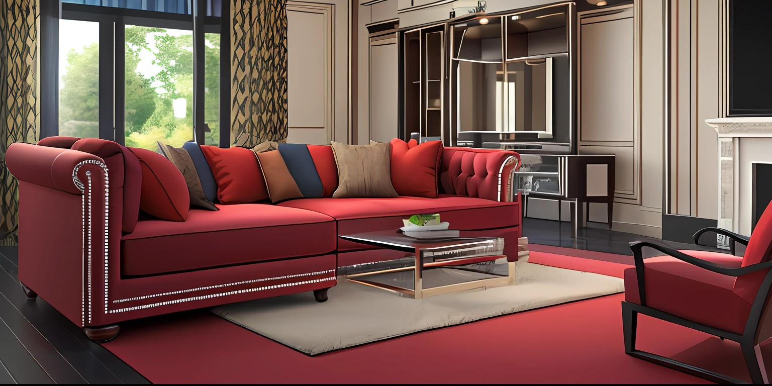 A rendering of a living room with sofa, television and entertainment center, ((((soft red carpet)))), award-winning rendering, high-quality rendering, award-winning rendering, award-winning 3D rendering, an award-winning digital rendering, living room, luxury HD rendering, realistic 8K rendering, elegant rendering, professional rendering, highly rendered!, living room, high-quality 3D rendering