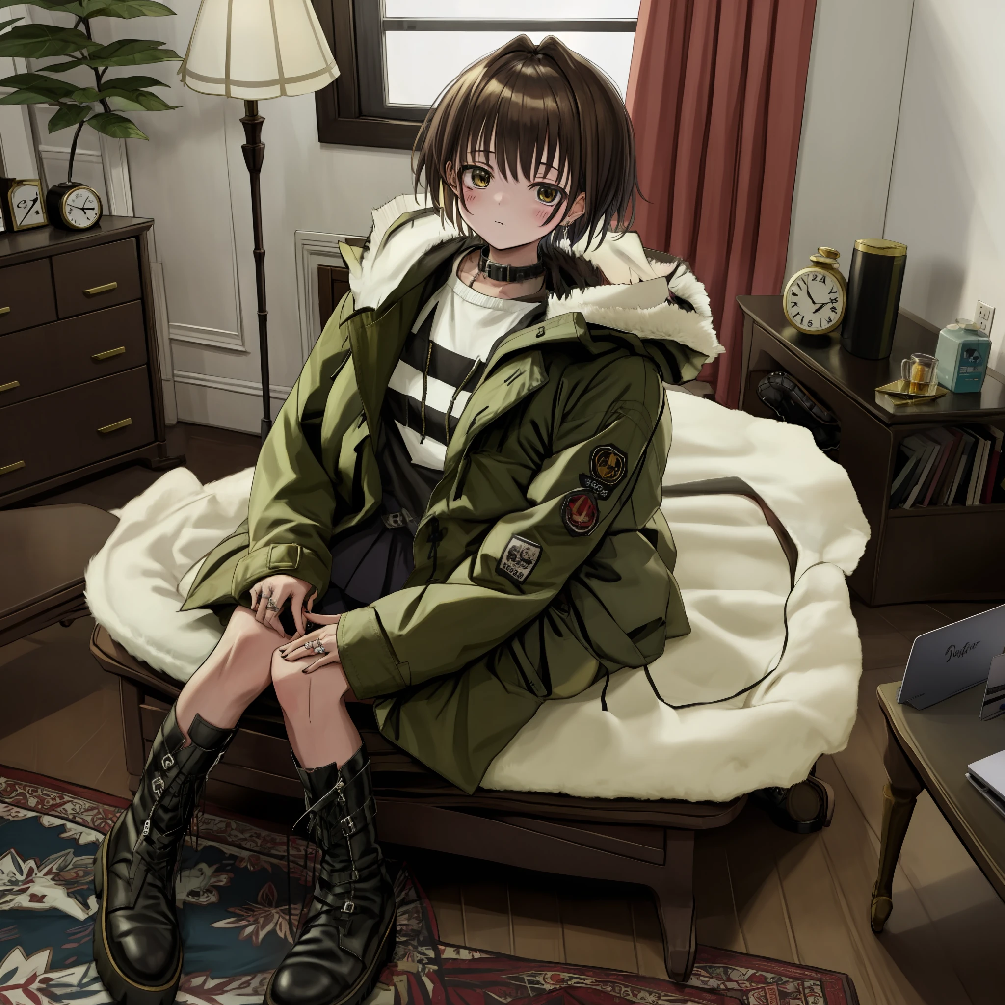 nadegata, 1girl, black footwear, blush, boots, brown hair, clock, coat, puffer coat, shiny puffer jacket, fur-trimmed boots, fur-trimmed coat, fur-trimmed hood, fur-trimmed jacket, fur-trimmed sleeves, fur-trimmed hood, fur coat, fur collar, fur trim, shiny black coat, indoors, jacket, jewelry, knee boots, long sleeves, looking at viewer, ring, short hair, sign, sitting, solo, fur lined puffer jacket, fur lined puffer coat