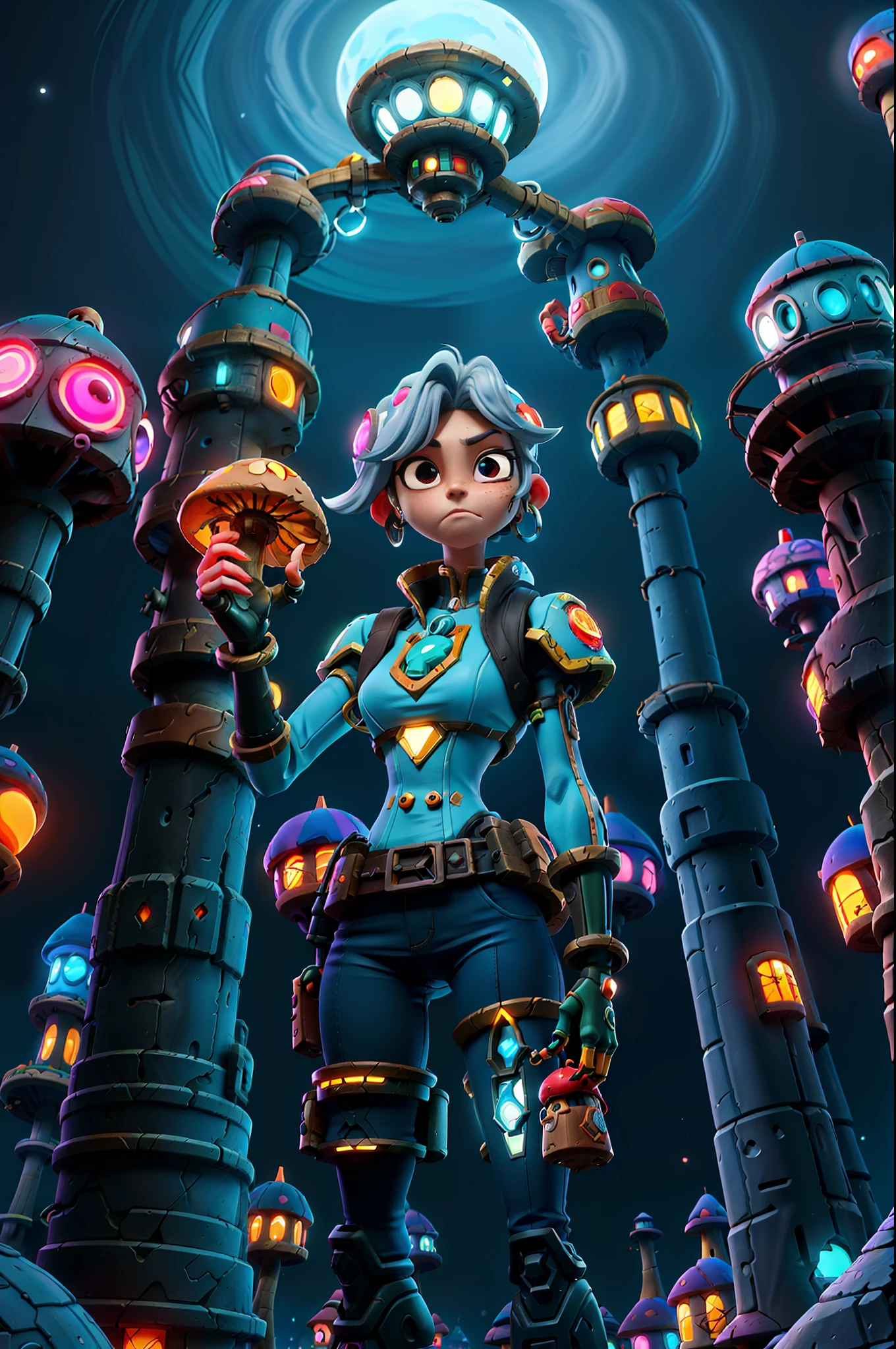 a woman standing in front of a mushroom filled city at night, sci-fi anime, anime cyberpunk, sci fi anime, ufotable art style, anime girl of the future, modern sci-fi anime, modern cyberpunk anime, afrofuturism anime, digital cyberpunk anime!!, ufotable, alice in wonderland cyberpunk, cyborg - girl with silver hair, dreamy psychedelic anime