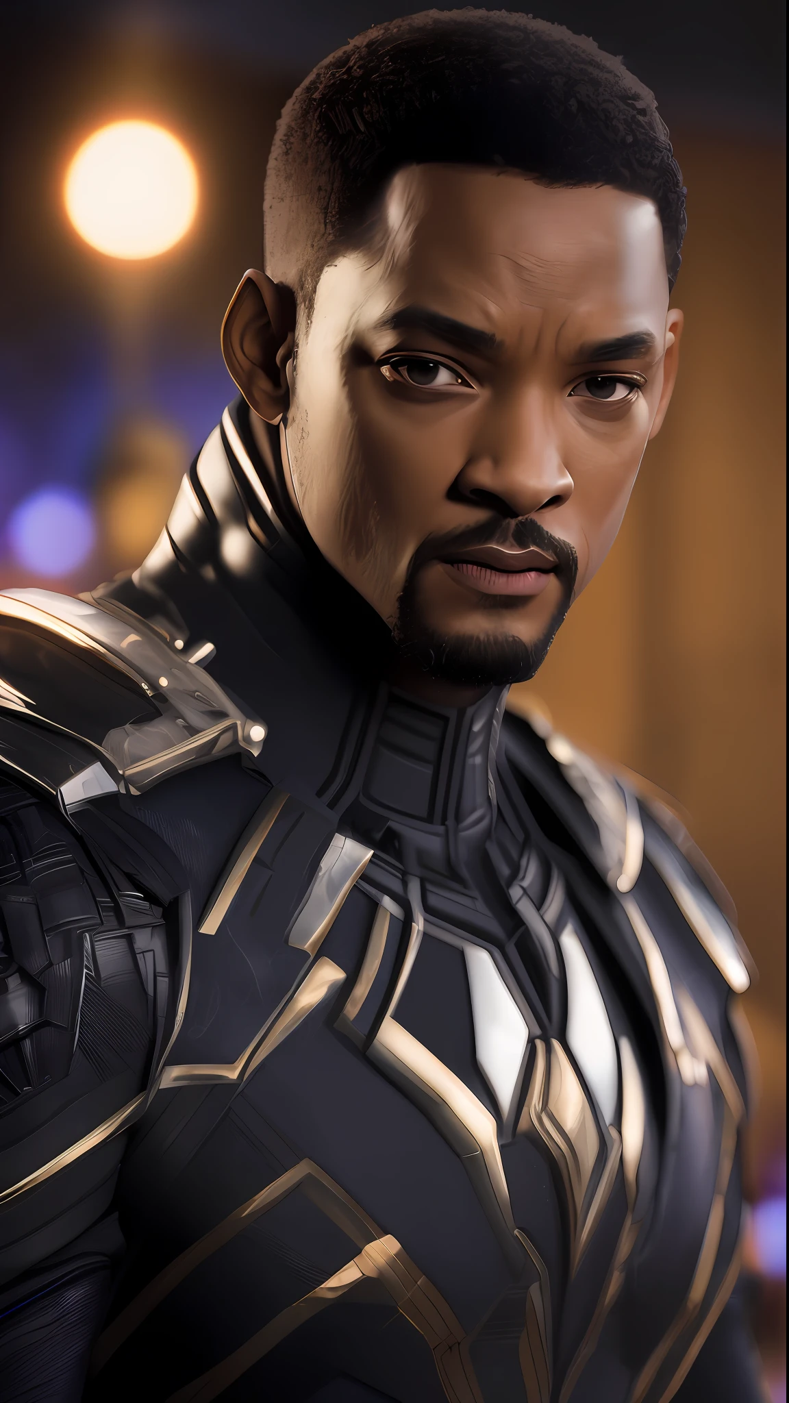 . .Tarantino Will Smith style as 8k black panther, high definition, detailed face, detailed face, detailed eyes, detailed suit, Marvel style, hyper-realistic, + cinematic shot + dynamic composition, incredibly detailed, sharpness, detail + superb detail + night with light + perfectionism + award-winning realism ((soft lighting))