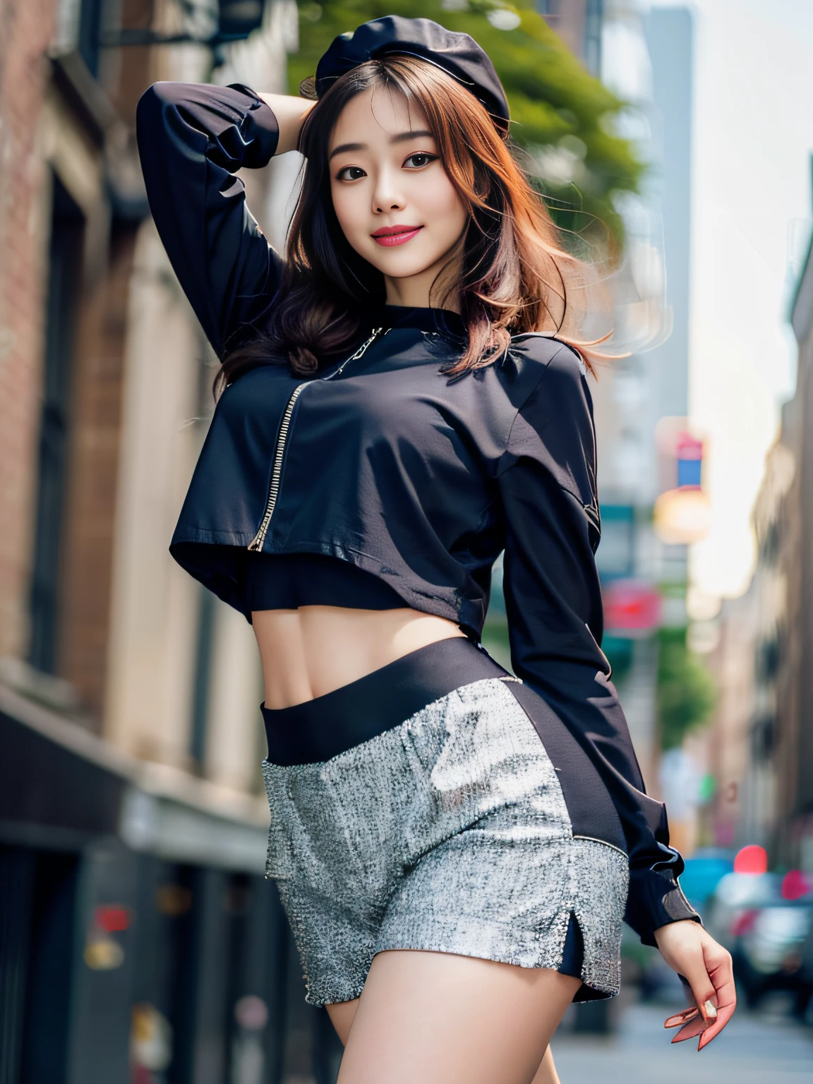 Best Smile, 1 Girl, (Looking Viewer), (Bokeh: 1.1), Parted Lips, Expressionless, Realistic, Arm Up, Tights, Skirt, Skyline, Realistic, ((Best Quality, 8K, Masterpiece: 1.3)), (Flower Cap: 1.3), Focus: 1.2, Perfect Body Beauty: 1.4, Buttocks: 1.2, (Layered Haircut: 1.2)), ( Dark Street: 1.3), highly detailed face and skin texture, full body, delicate eyes, double eyelids, whitened skin, long hair, (round face: 1.5), (loose crop top, shorts: 1.6)