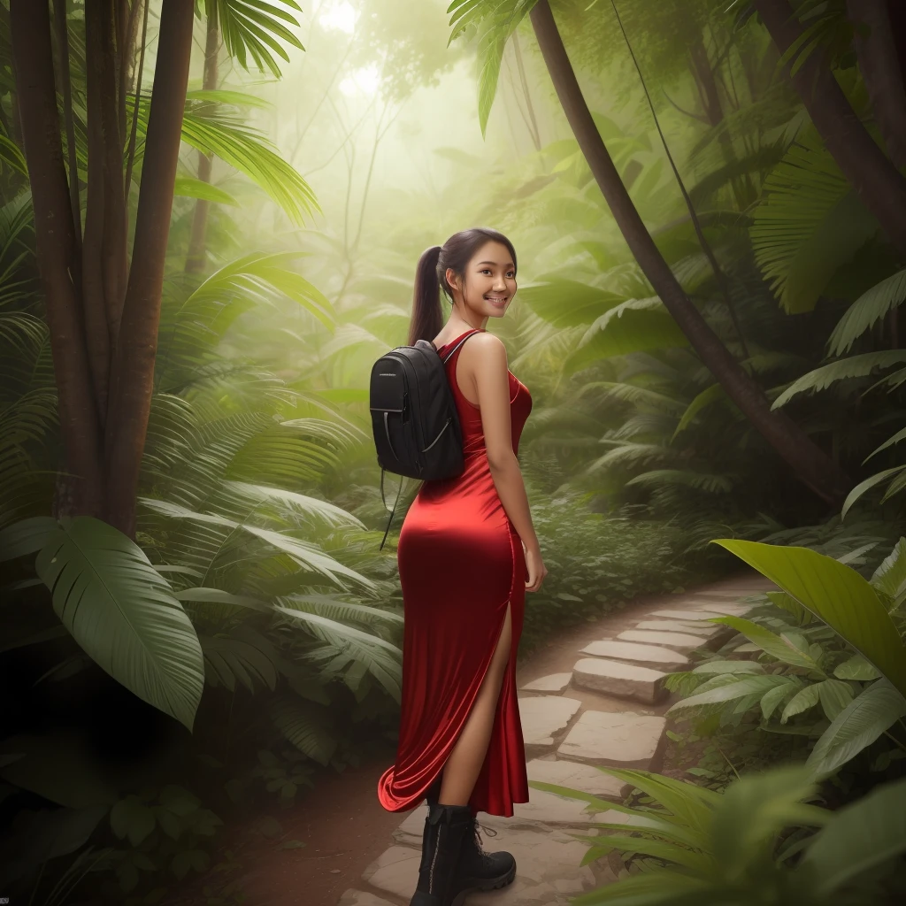 (photorealistic:1.1) Young Indonesian woman looking back over her shoulder and smiling while hiking in a dense forest, long ponytail, wearing a red evening gown and hiking boots, wearing black backpack, lush vegetation, beautiful woman, stunning scenery, red satin evening gown, ruby jewelry