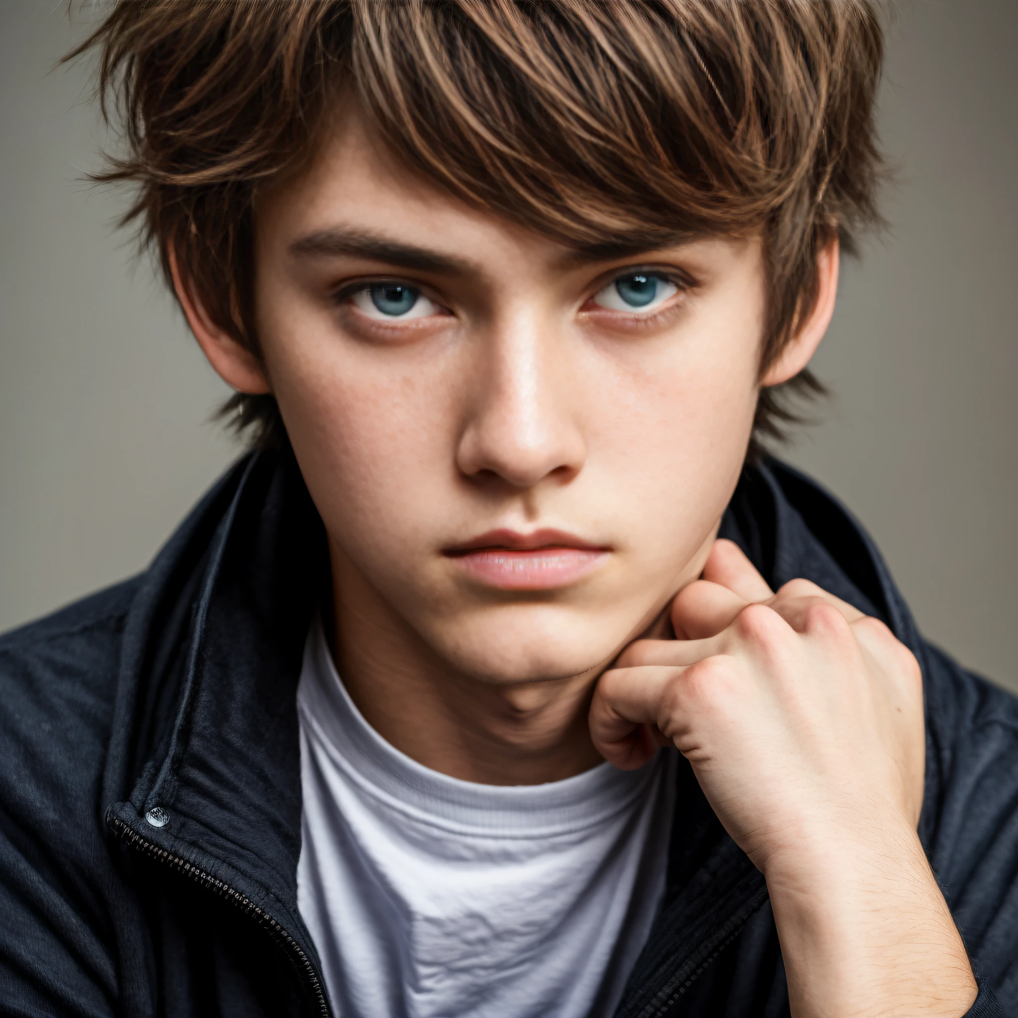 an extremely attractive 17 year old boy, blue eyes, empty eyes, tears, sad, dark brown hair, super detail, high quality, highres, textured skin, short hair, angelic face
