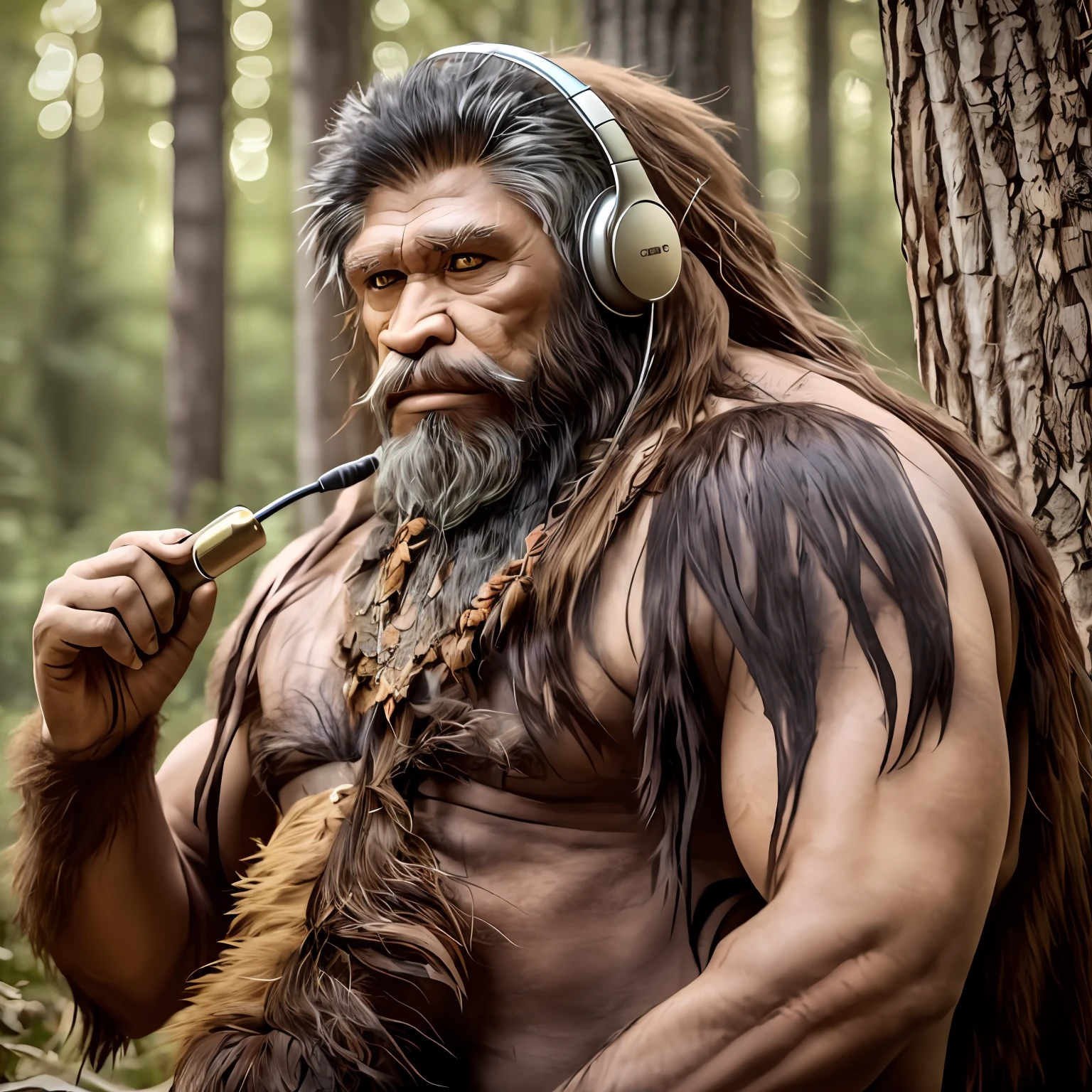 neanderthal, wearing big headphones, sitting in front of a campfire in the woods, no tattoo, wearing a bear skin as a cape, long hair, long beard, hairy humanoids, portrait shot, full human hairy body, saint neanderthalis, first human on earth, fire behind him, bearded, god of the forest, very hairy body, neanderthal people