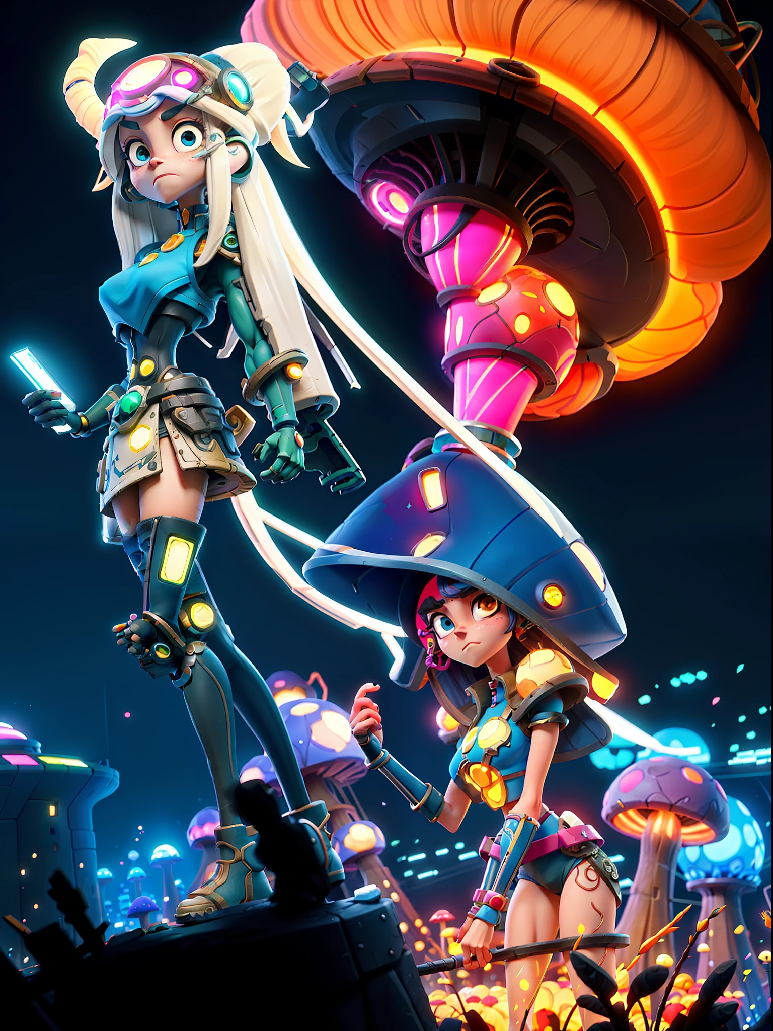a woman standing in front of a mushroom filled city at night, sci-fi anime, anime cyberpunk, sci fi anime, ufotable art style, anime girl of the future, modern sci-fi anime, modern cyberpunk anime, afrofuturism anime, digital cyberpunk anime!!, ufotable, alice in wonderland cyberpunk, cyborg - girl with silver hair, dreamy psychedelic anime