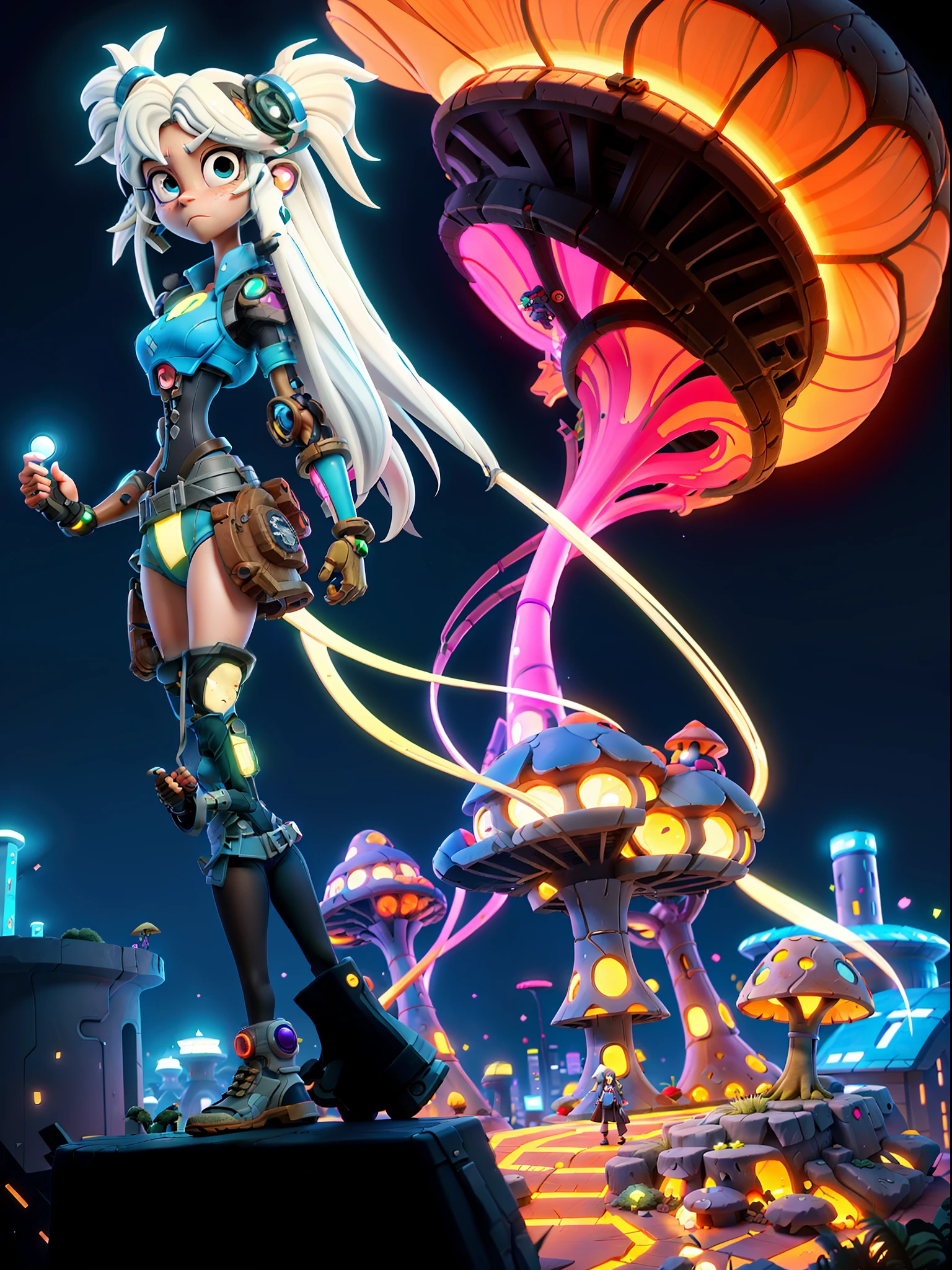 a woman standing in front of a mushroom filled city at night, sci-fi anime, anime cyberpunk, sci fi anime, ufotable art style, anime girl of the future, modern sci-fi anime, modern cyberpunk anime, afrofuturism anime, digital cyberpunk anime!!, ufotable, alice in wonderland cyberpunk, cyborg - girl with silver hair, dreamy psychedelic anime